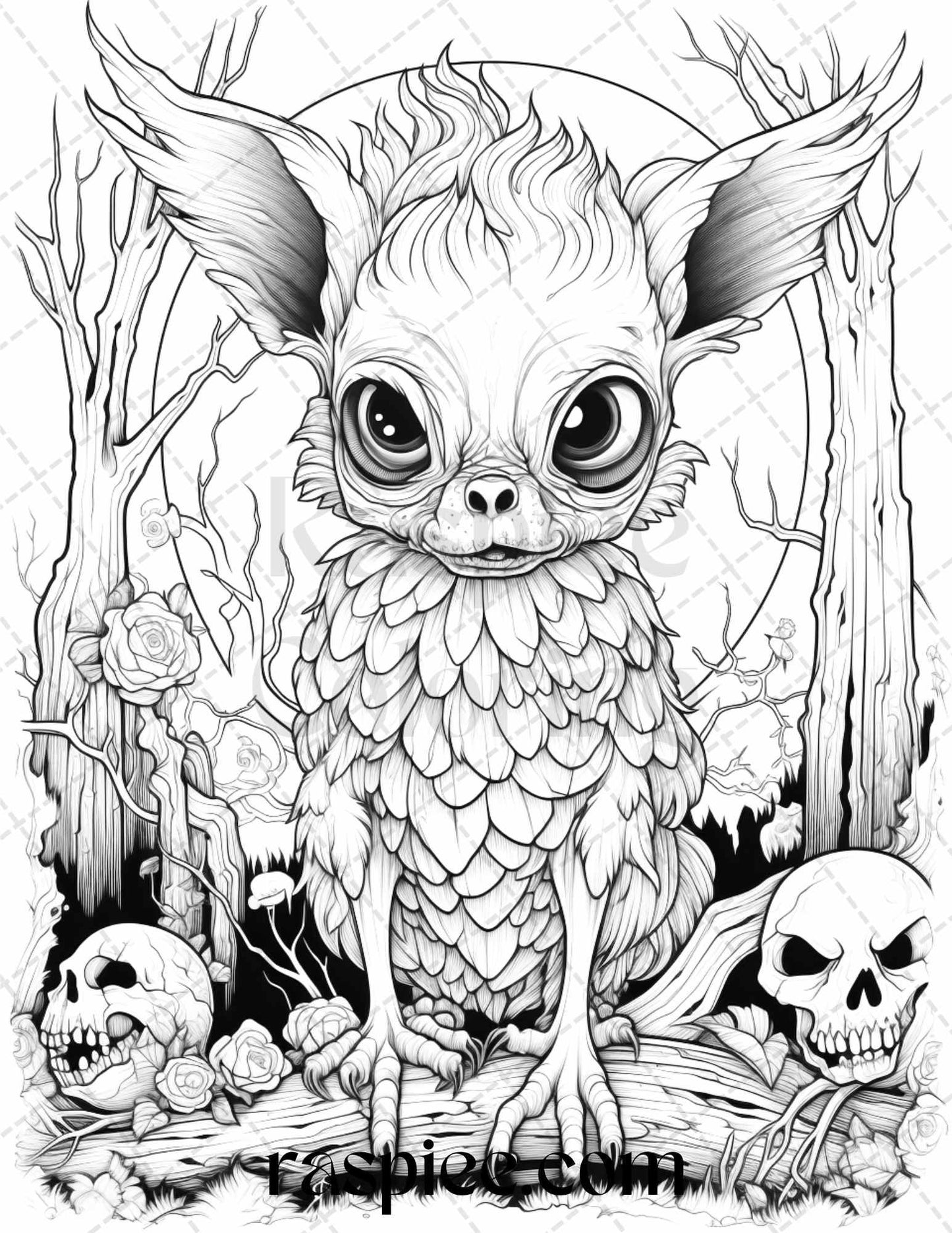 50 Halloween Scary Animals Grayscale Coloring Pages Printable for Adults, PDF File Instant Download