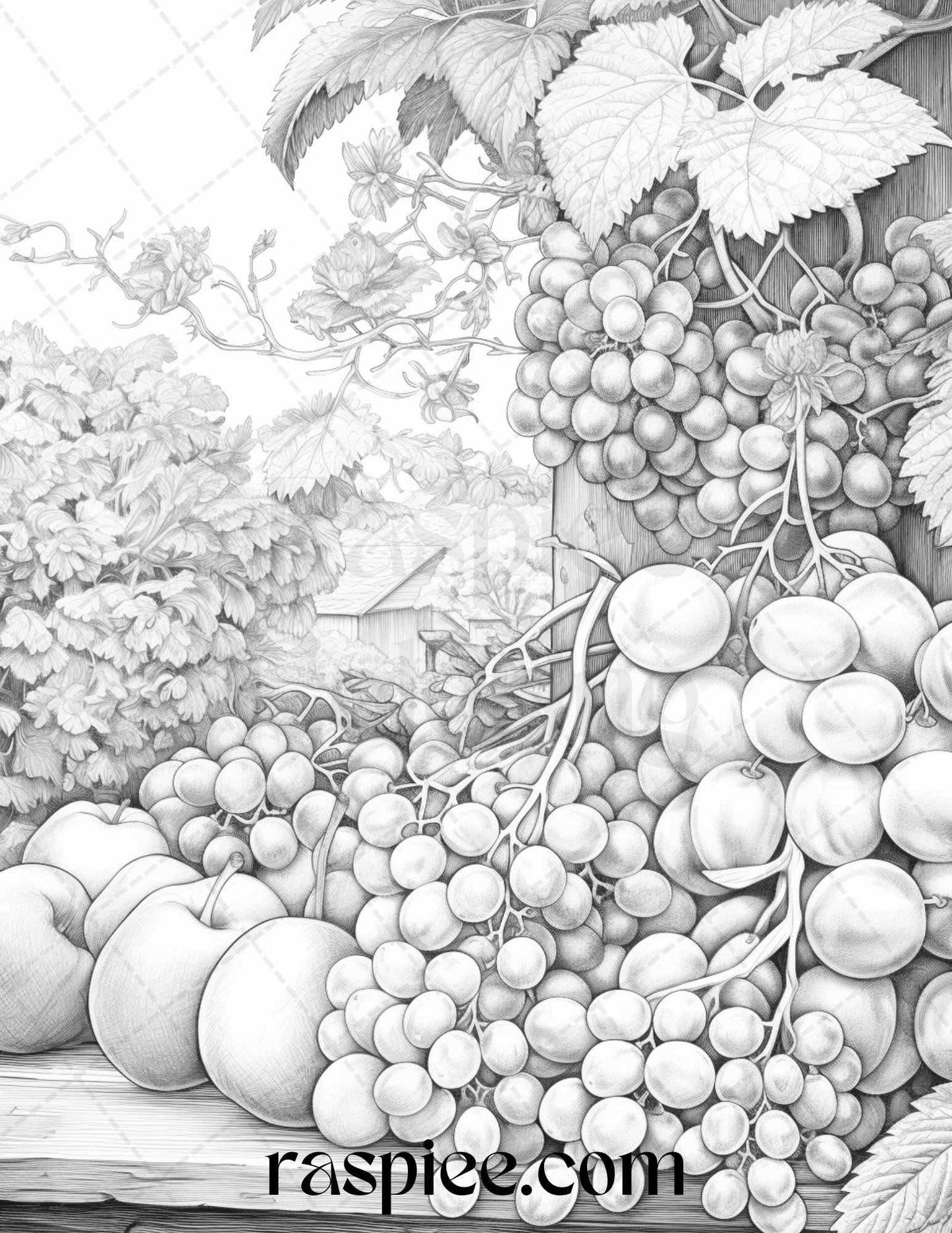 Relaxing Fruit Garden Grayscale Coloring Pages Printable for Adults, PDF File Instant Download