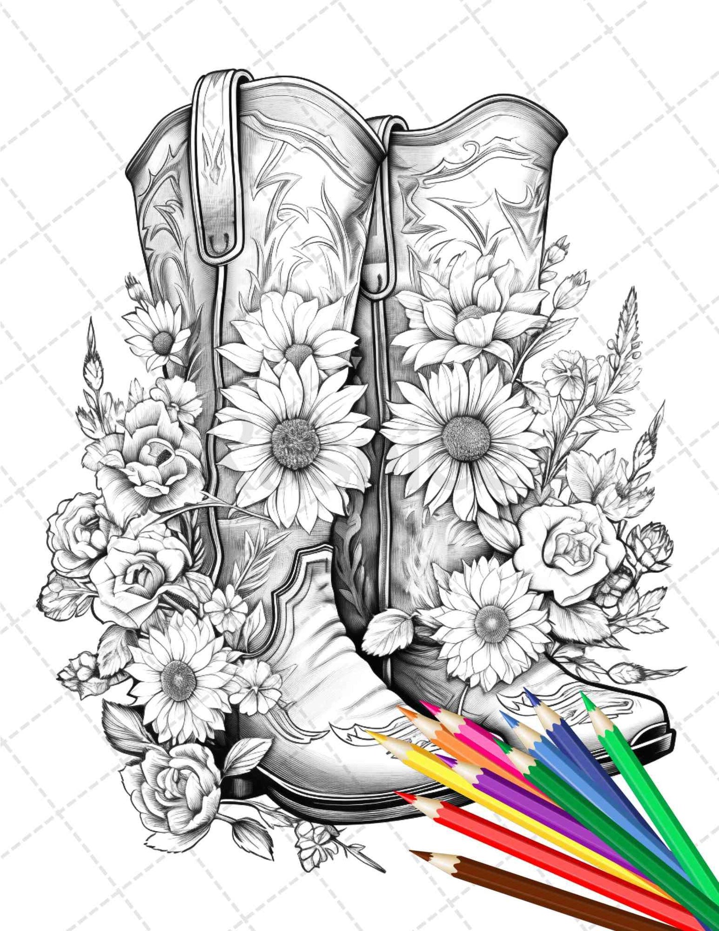 32 Flower Boots Coloring Pages Printable for Adults, Floral Grayscale Coloring Page, PDF File Instant Download