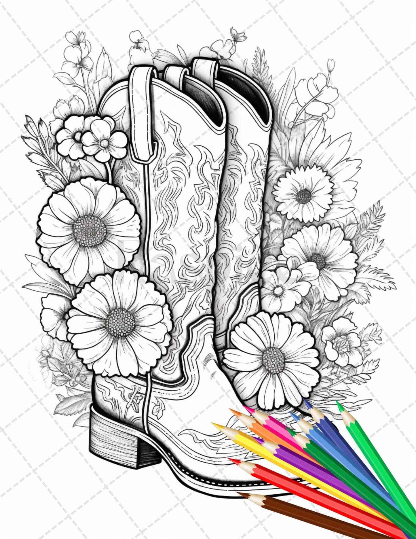 32 Flower Boots Coloring Pages Printable for Adults, Floral Grayscale Coloring Page, PDF File Instant Download
