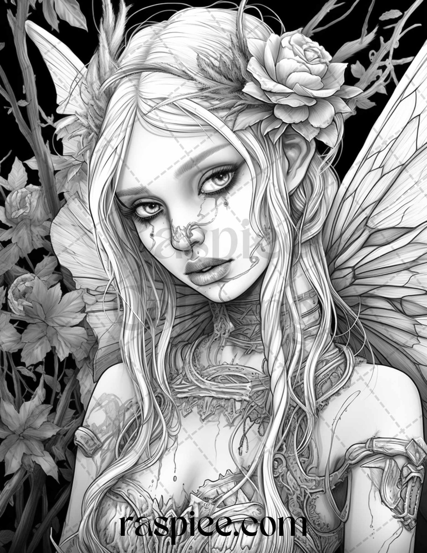 60 Halloween Zombie Fairy Grayscale Coloring Pages Printable for Adults, PDF File Instant Download