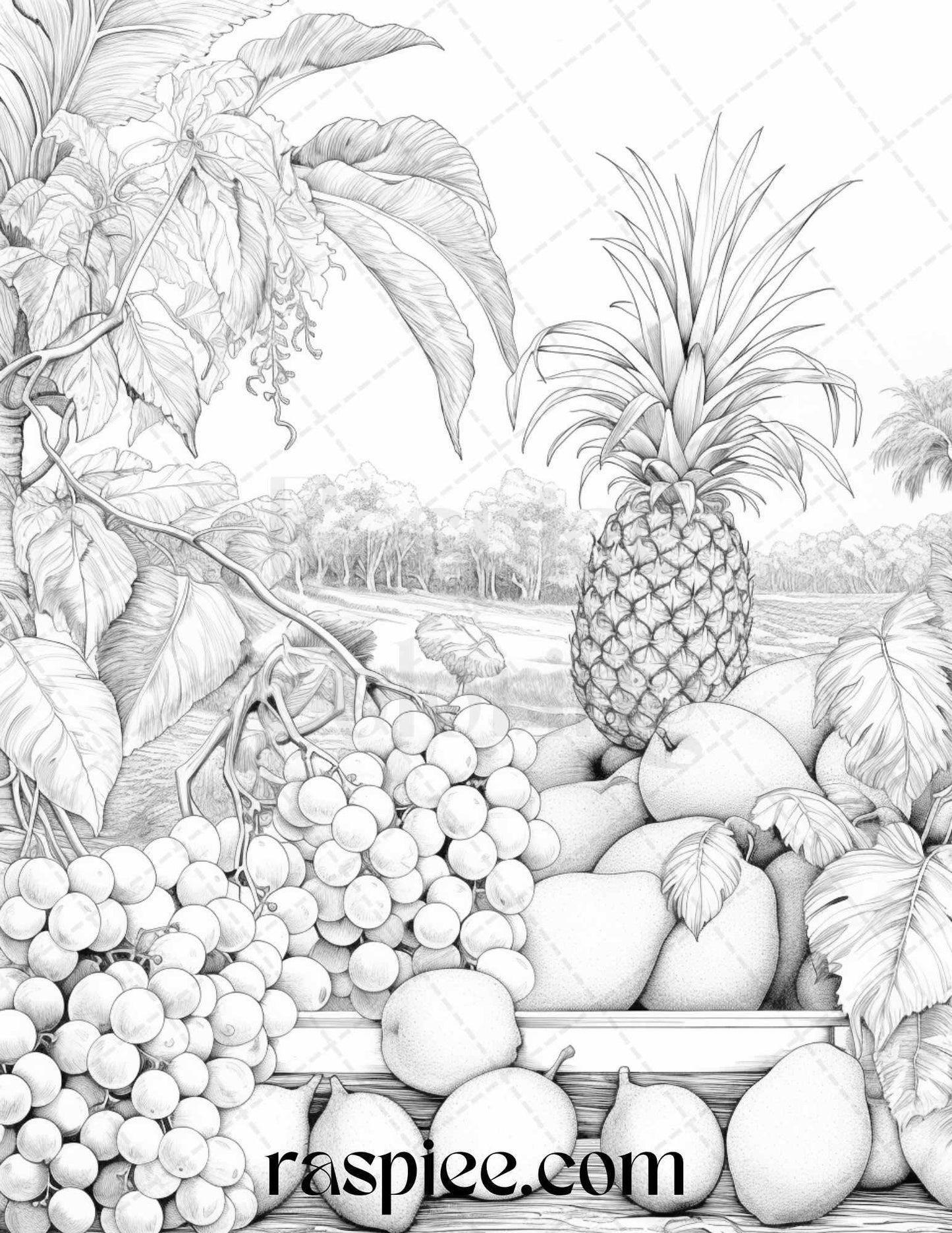 Relaxing Fruit Garden Grayscale Coloring Pages Printable for Adults, PDF File Instant Download