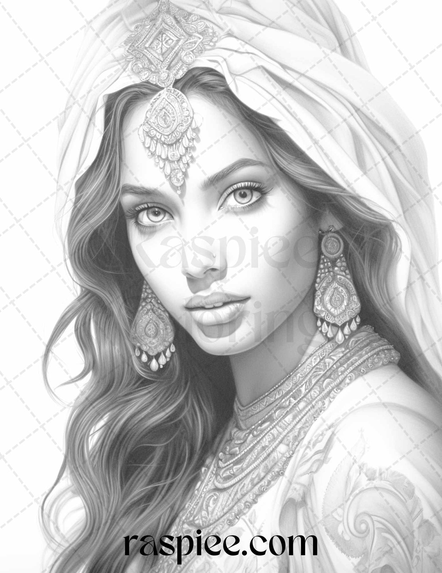 50 Beautiful Indian Women Grayscale Coloring Pages for Adults, Printable PDF File Instant Download