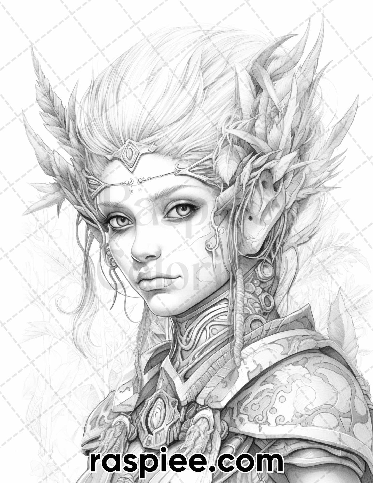50 Fantasy Forest Elves Grayscale Coloring Pages for Adults, Printable PDF Instant Download