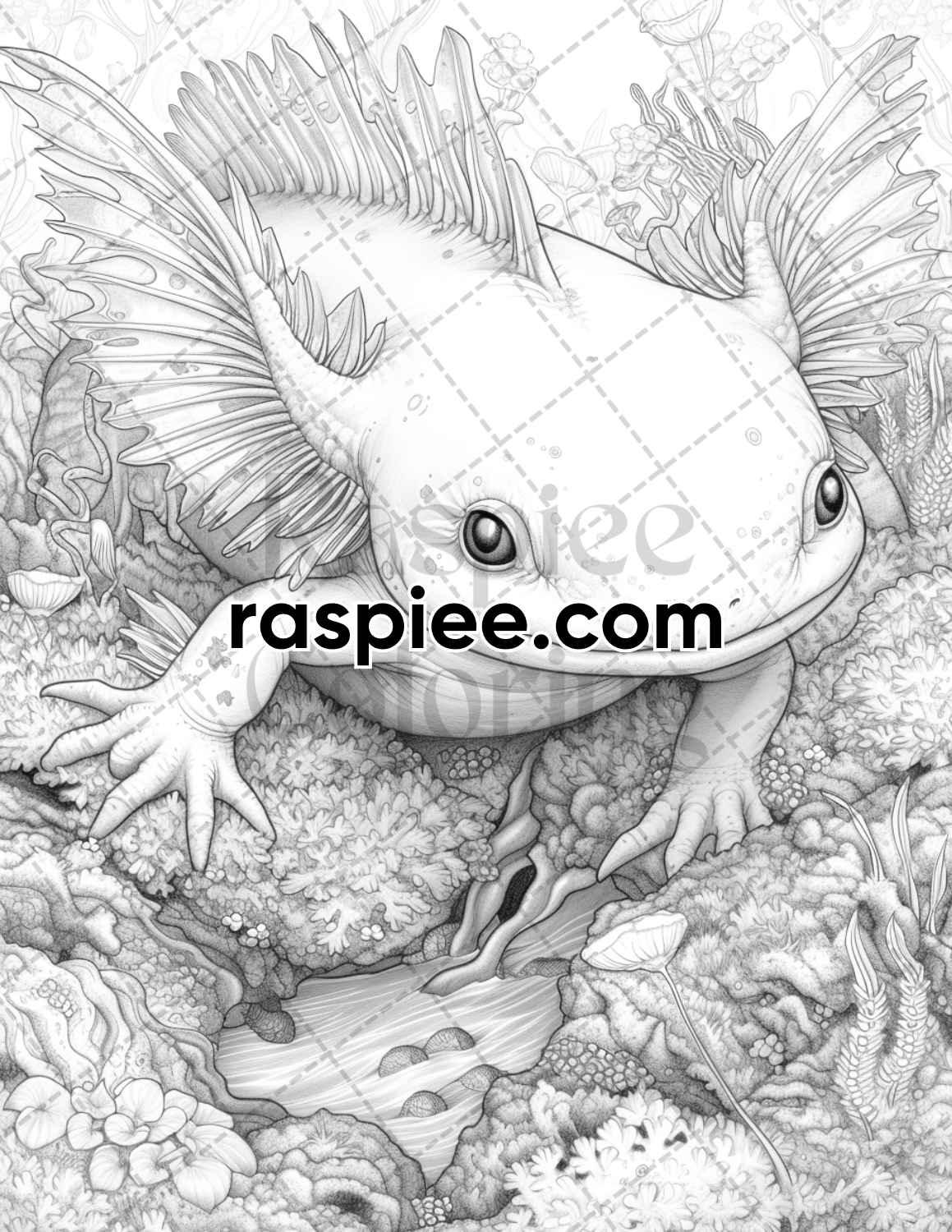55 Fantasy Alien Axolotl Grayscale Adult Coloring Pages, Printable PDF Instant Download