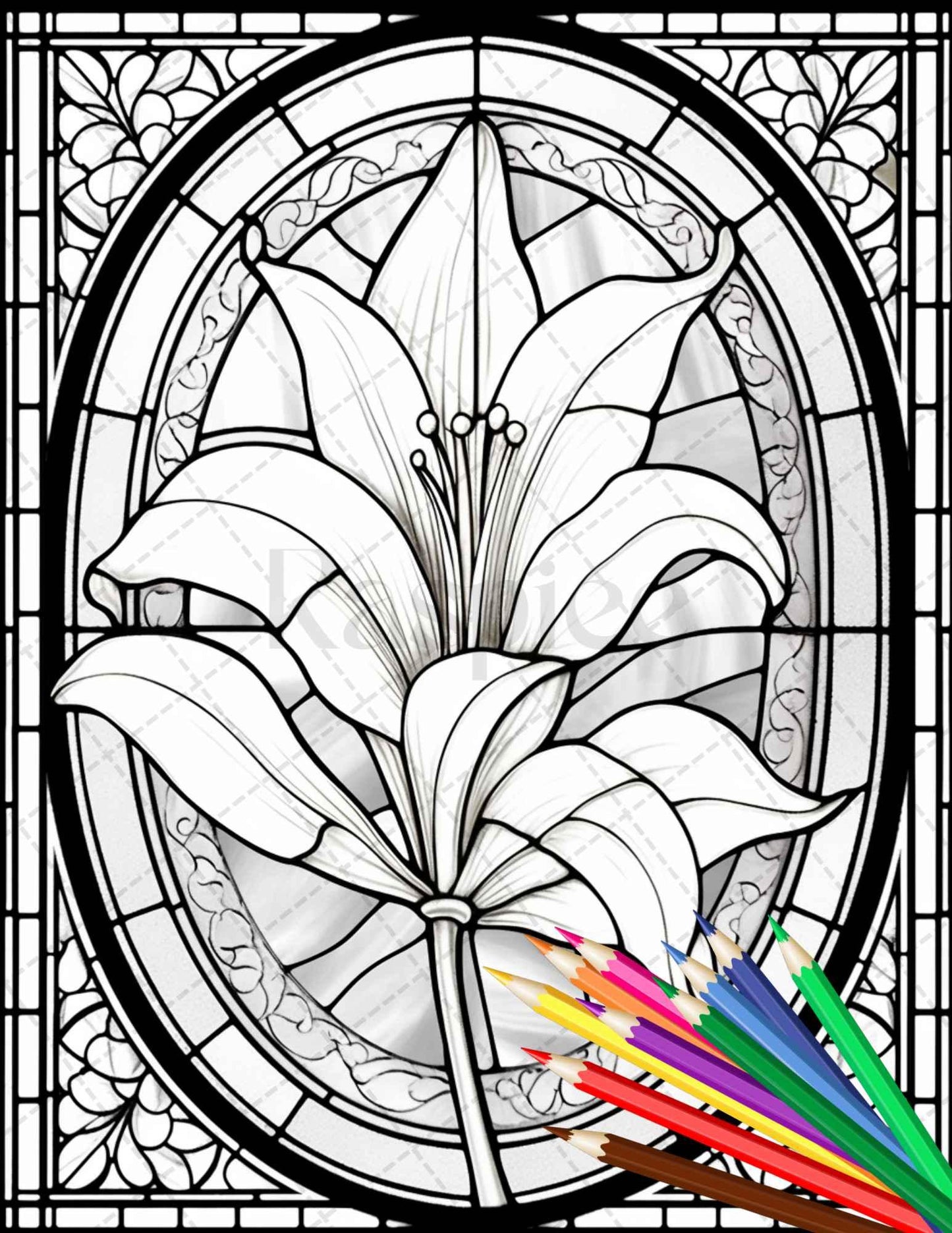 30 Stained Glass Flowers Grayscale Coloring Pages Printable for Adults, PDF File Instant Download