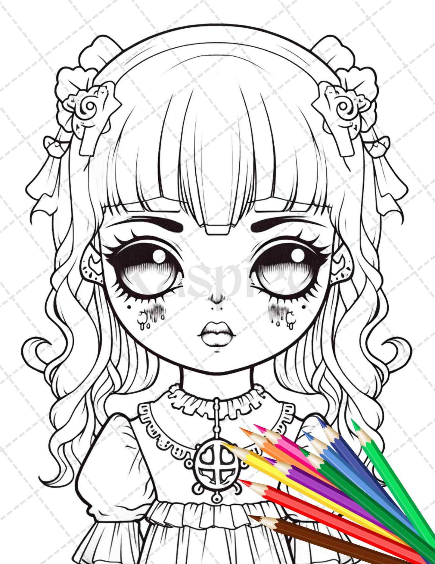 32 Creepy Kawaii Pastel Goth Coloring Pages Printable for Adults, Grayscale Coloring Page, PDF File Instant Download