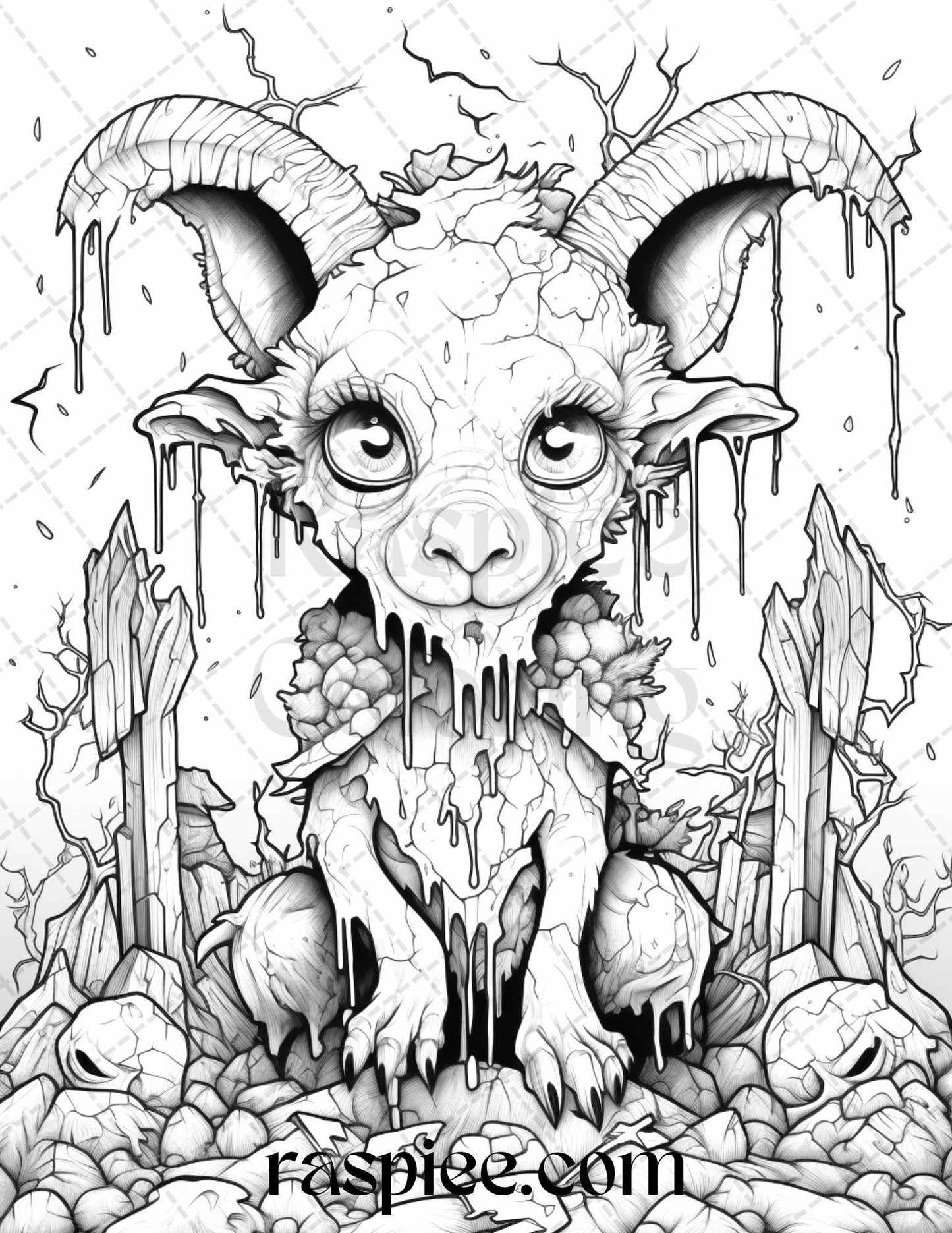 50 Halloween Scary Animals Grayscale Coloring Pages Printable for Adults, PDF File Instant Download