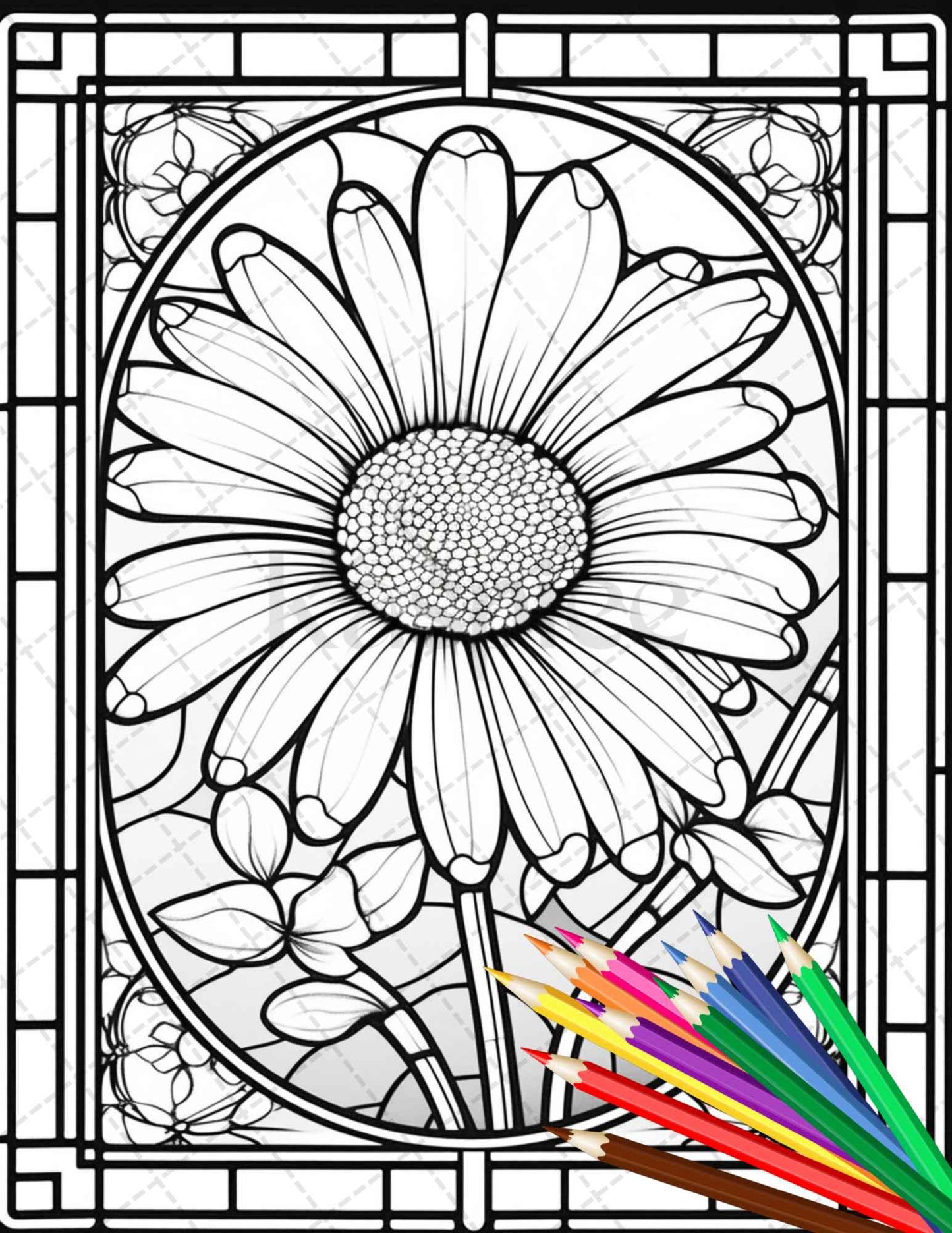 30 Stained Glass Flowers Grayscale Coloring Pages Printable for Adults, PDF File Instant Download