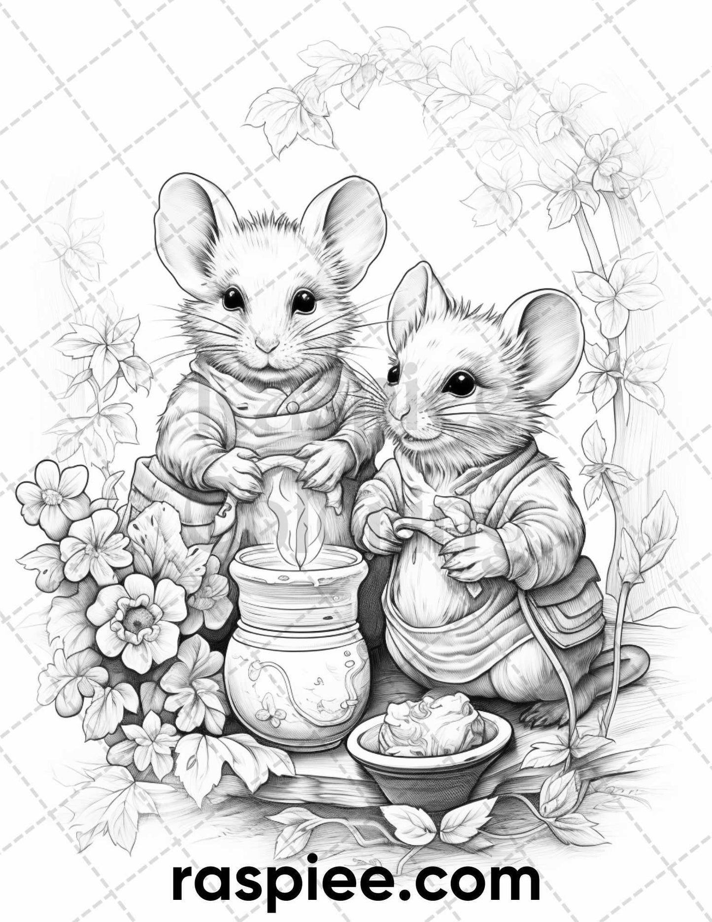 50 Enchanting Fairytale Mice Grayscale Coloring Pages Printable for Adults, PDF File Instant Download