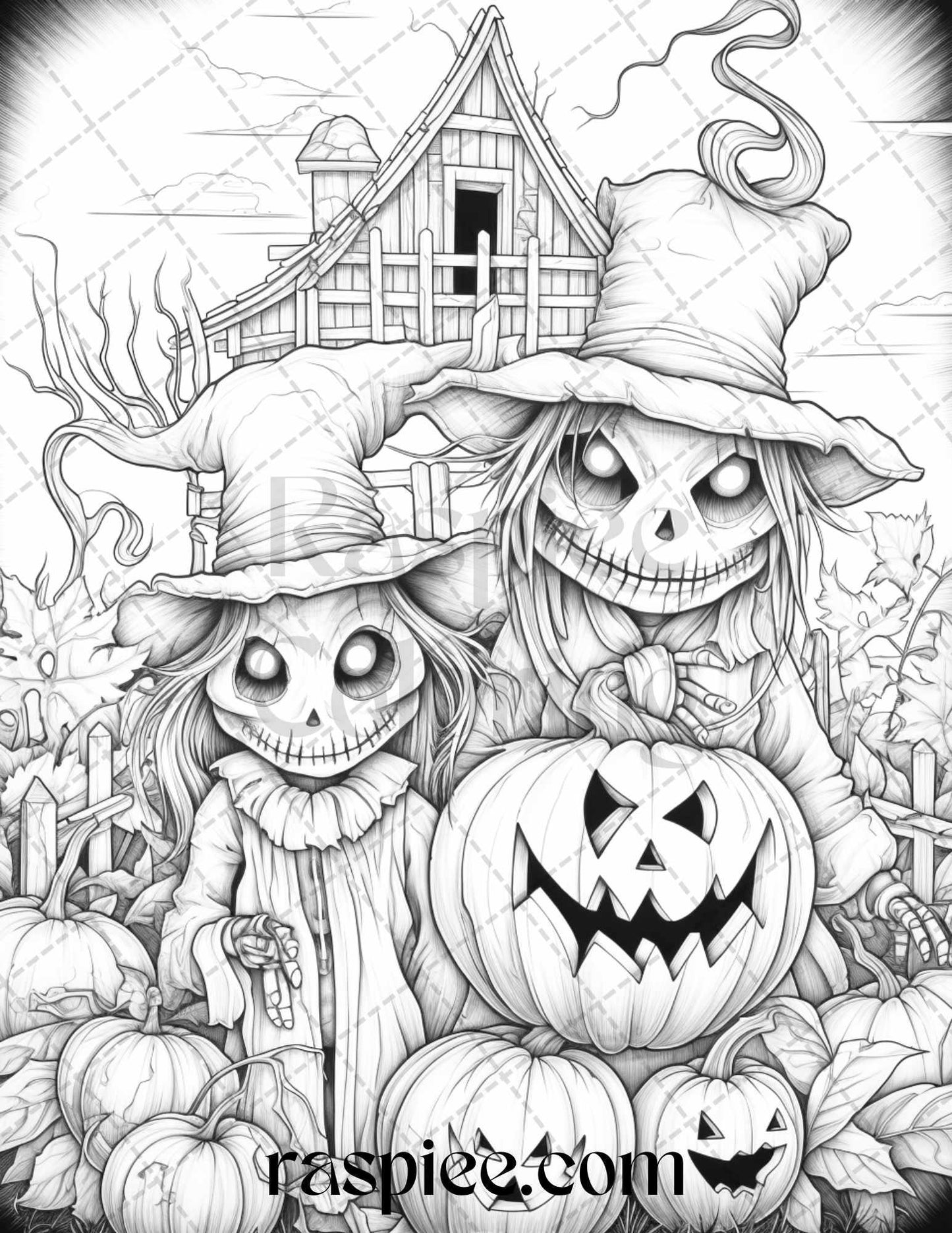 50 Halloween Scarecrows Grayscale Coloring Pages Printable for Adults, PDF File Instant Download