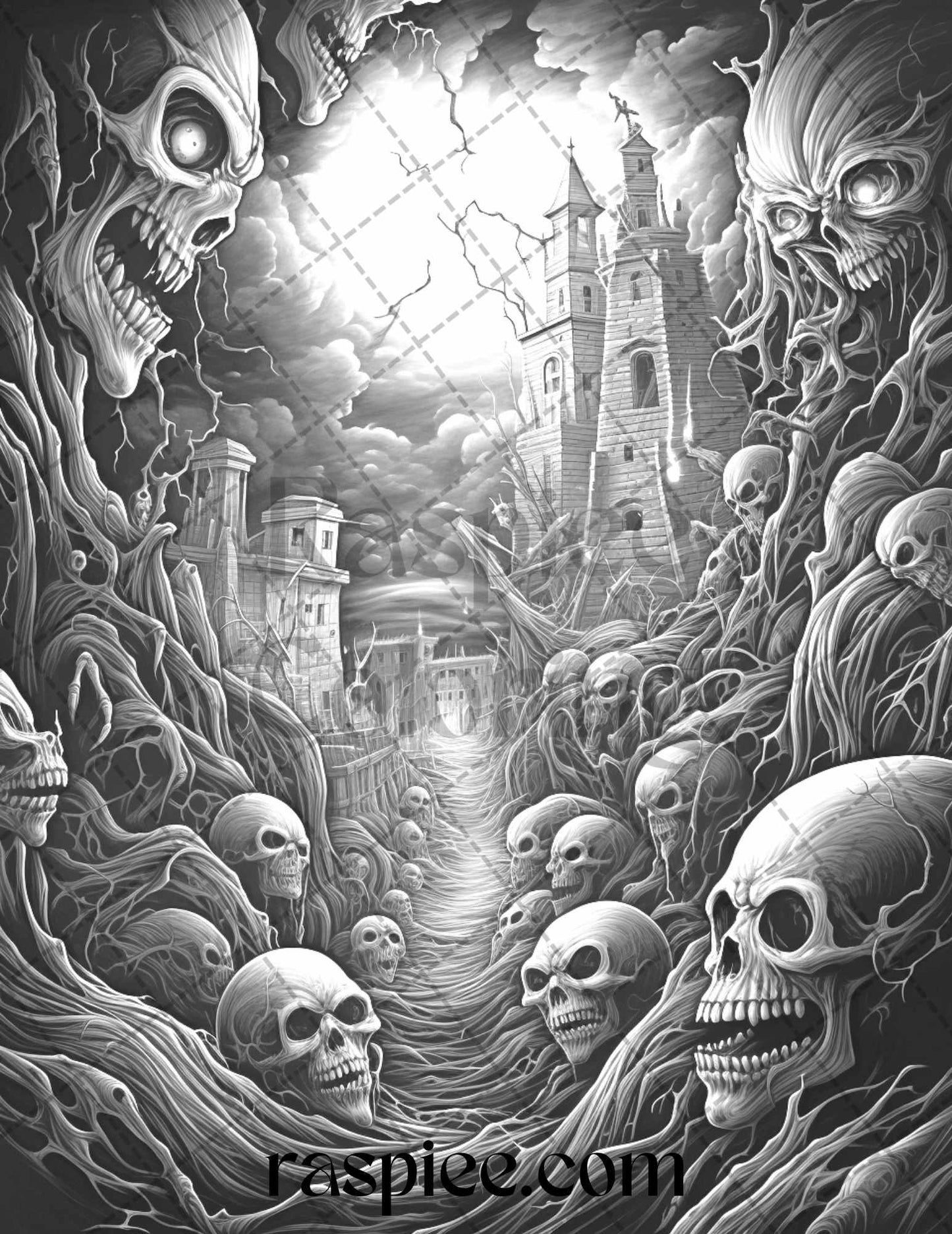60 Halloween Nightmare Grayscale Coloring Pages Printable for Adults, PDF File Instant Download