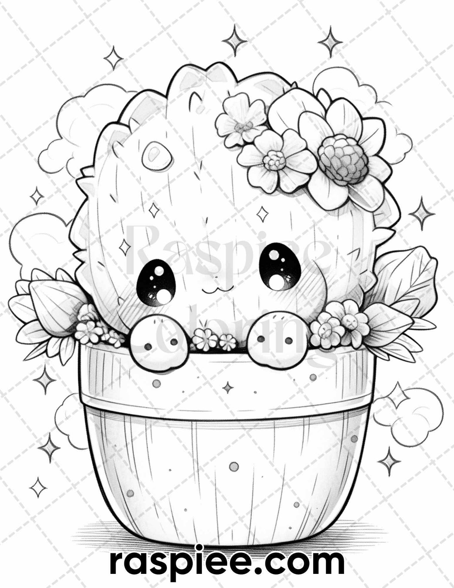 60 Cute Cactus Adventure Grayscale Coloring Pages for Adults, Printable PDF Instant Download