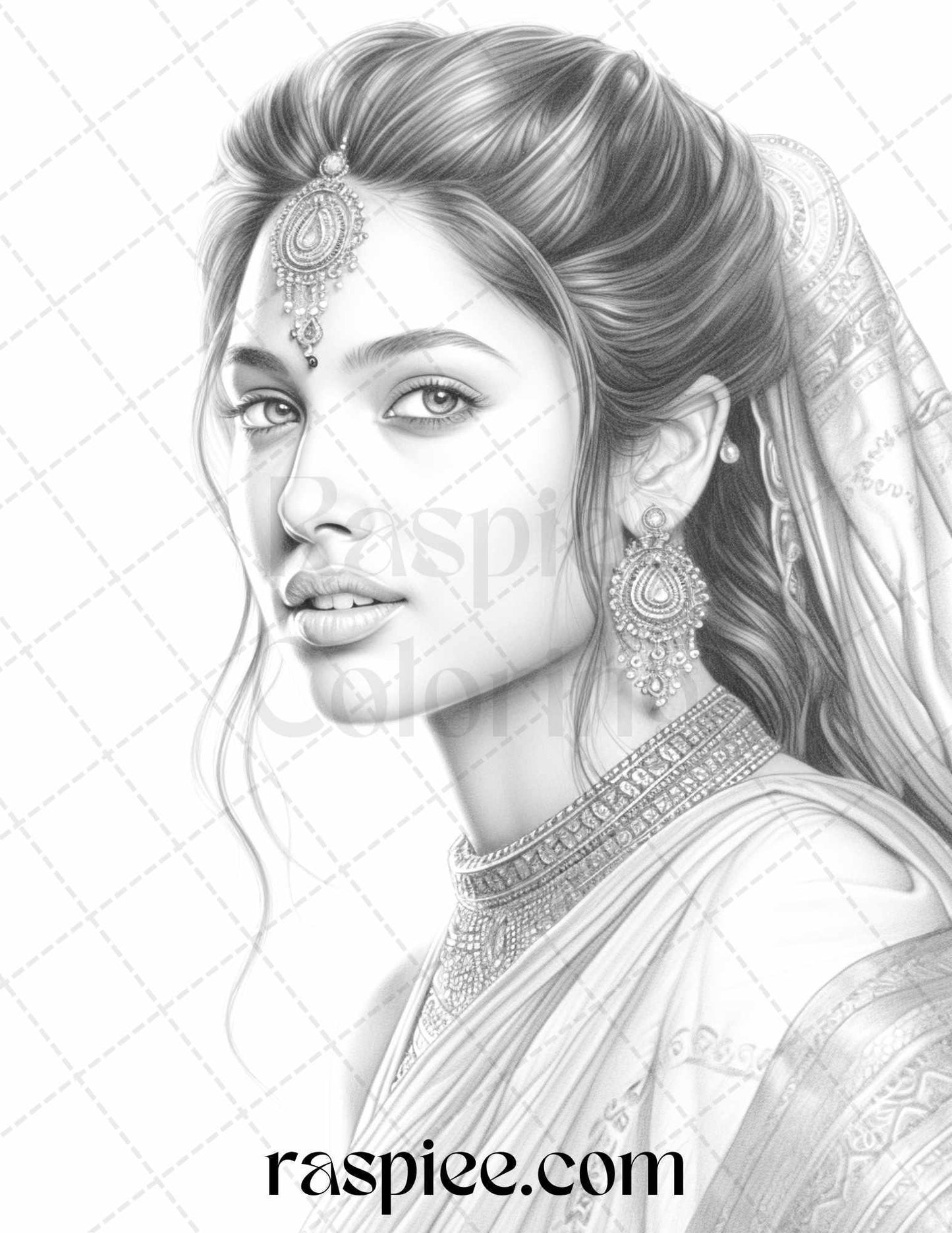 50 Beautiful Indian Women Grayscale Coloring Pages for Adults, Printable PDF File Instant Download