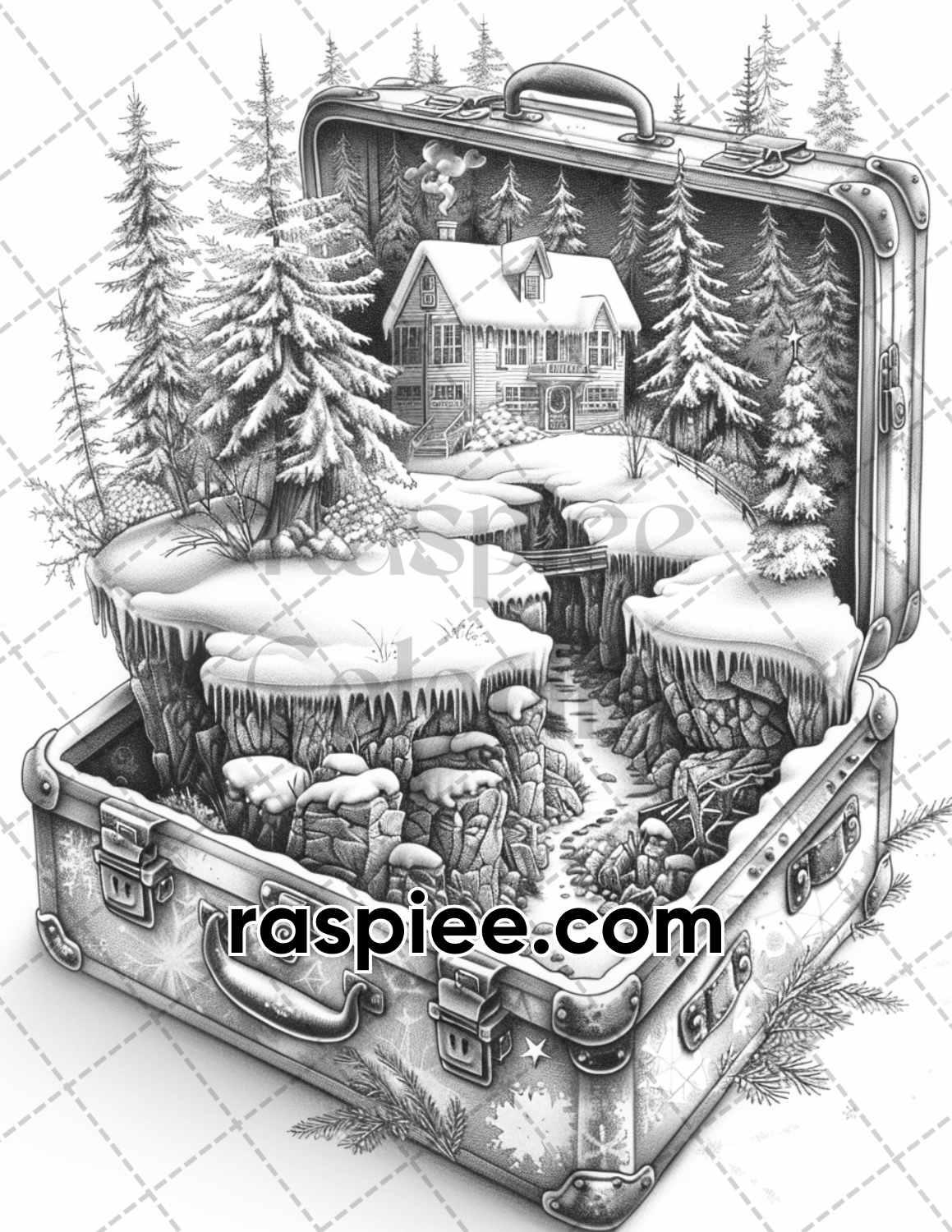 67 Worlds in a Suitcase Grayscale Adult Coloring Pages, Printable PDF Instant Download