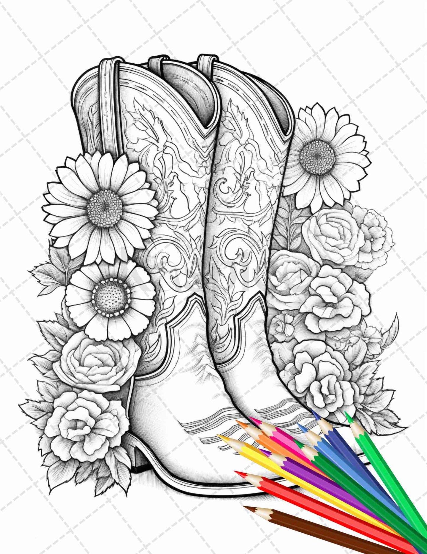 32 Flower Boots Coloring Pages Printable for Adults, Floral Grayscale Coloring Page, PDF File Instant Download