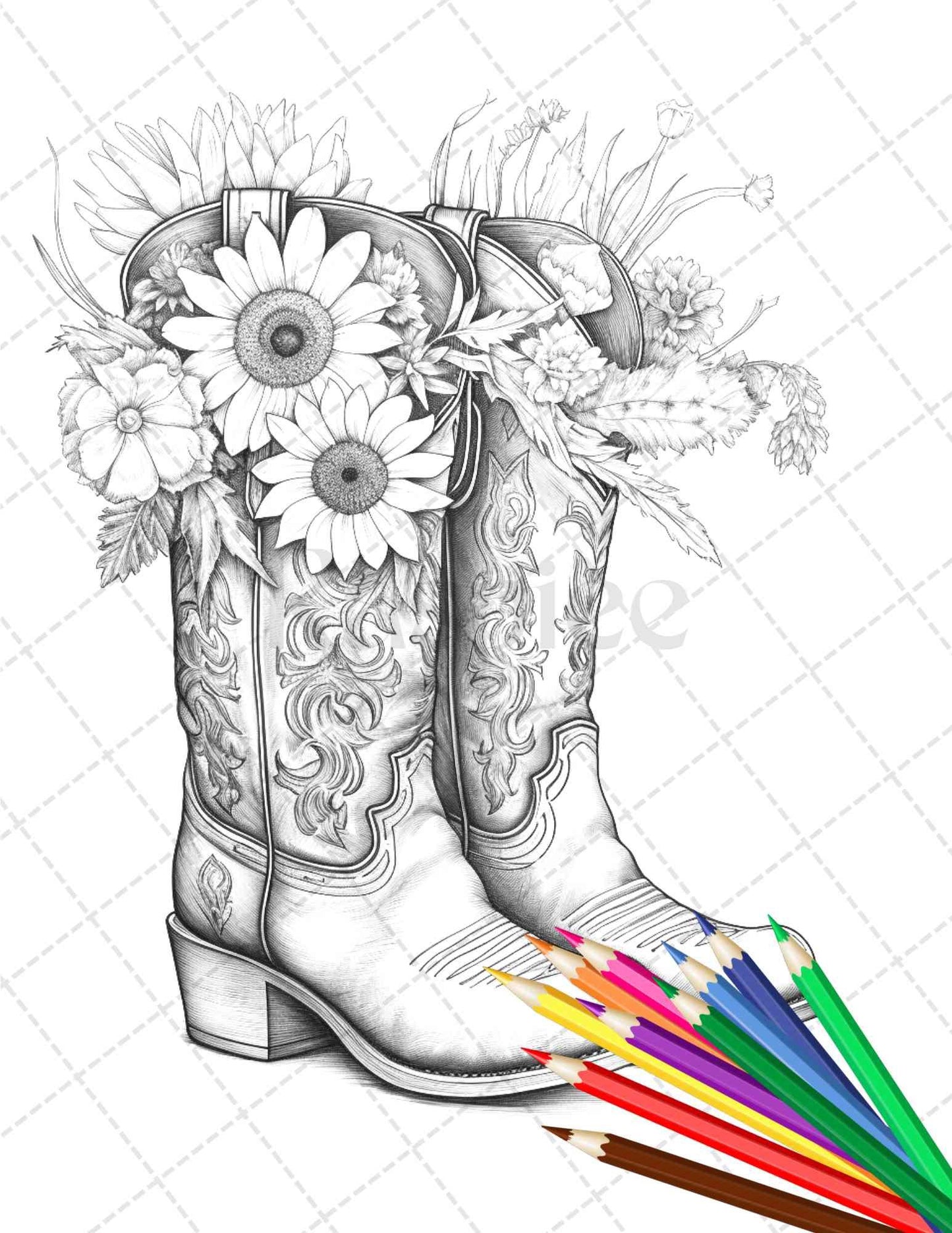 32 Flower Boots Coloring Pages Printable for Adults, Floral Grayscale Coloring Page, PDF File Instant Download