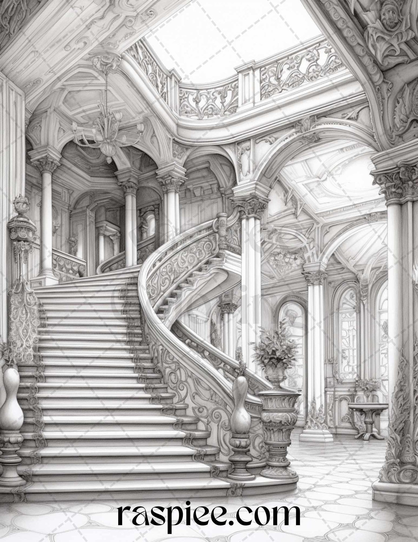 Fantasy Interior Grayscale Coloring Pages for Adults, Printable PDF File Instant Download