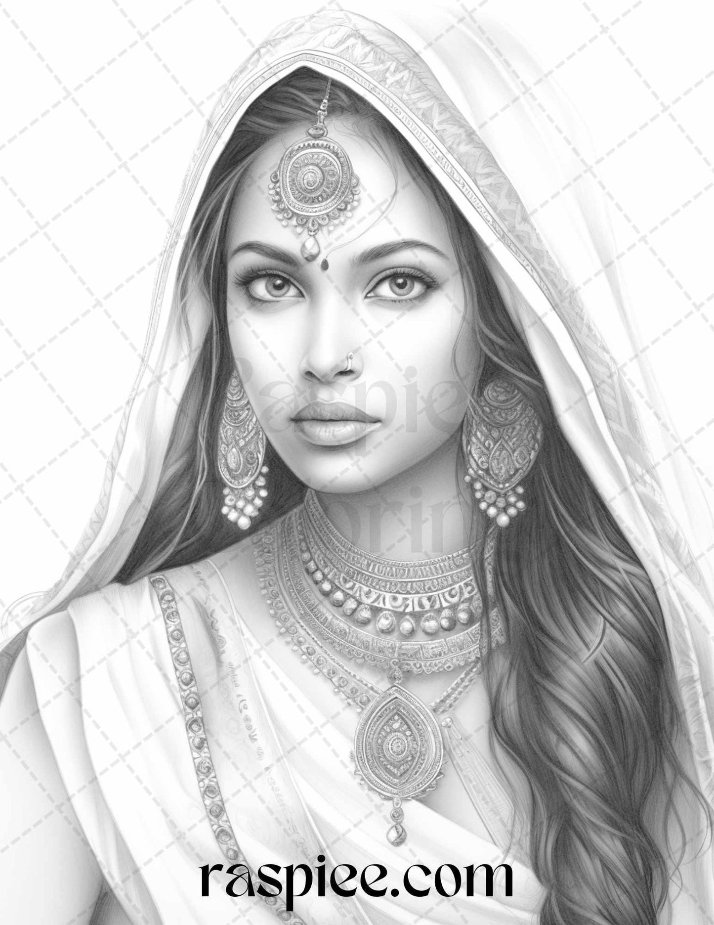 50 Beautiful Indian Women Grayscale Coloring Pages for Adults, Printable PDF File Instant Download
