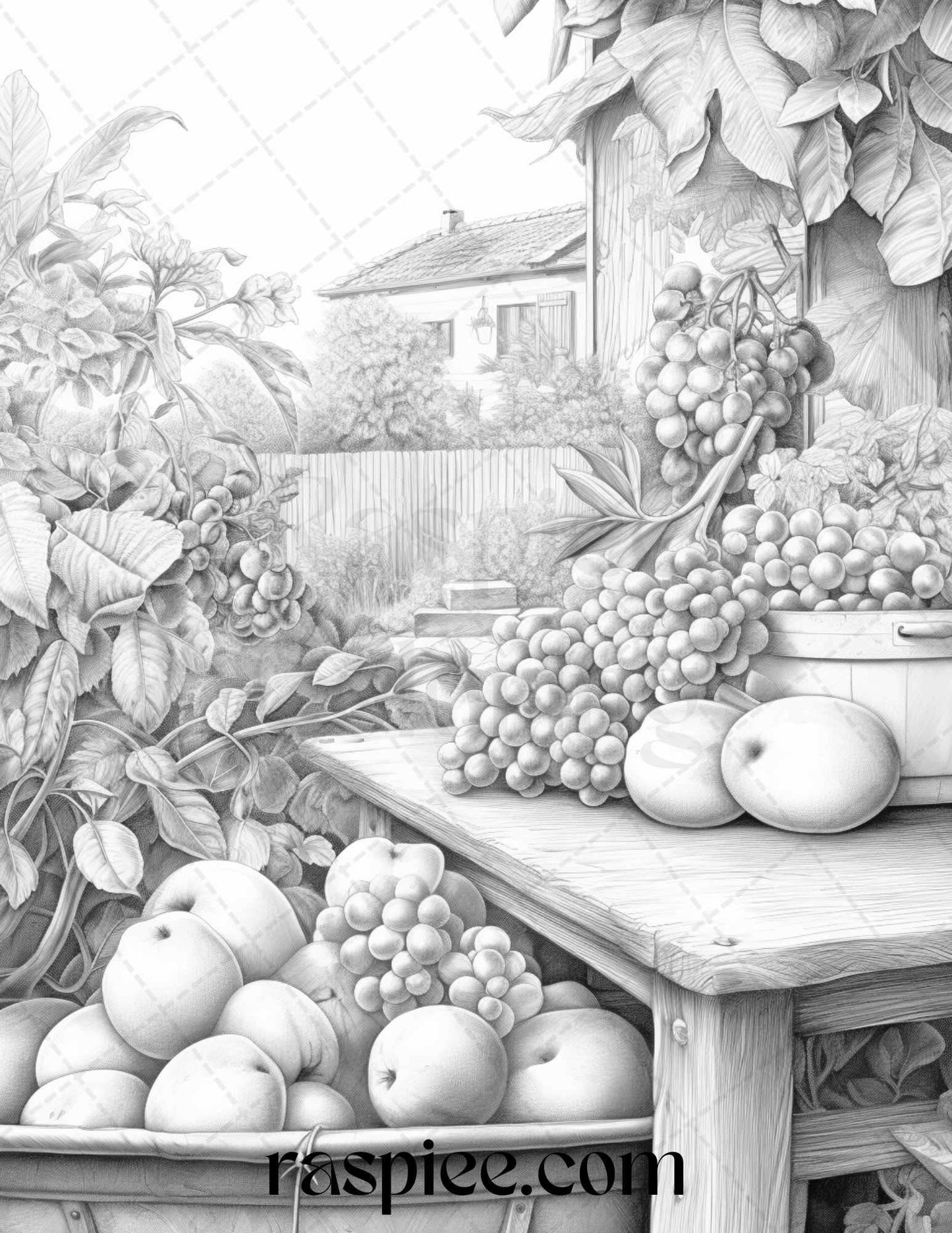 Relaxing Fruit Garden Grayscale Coloring Pages Printable for Adults, PDF File Instant Download