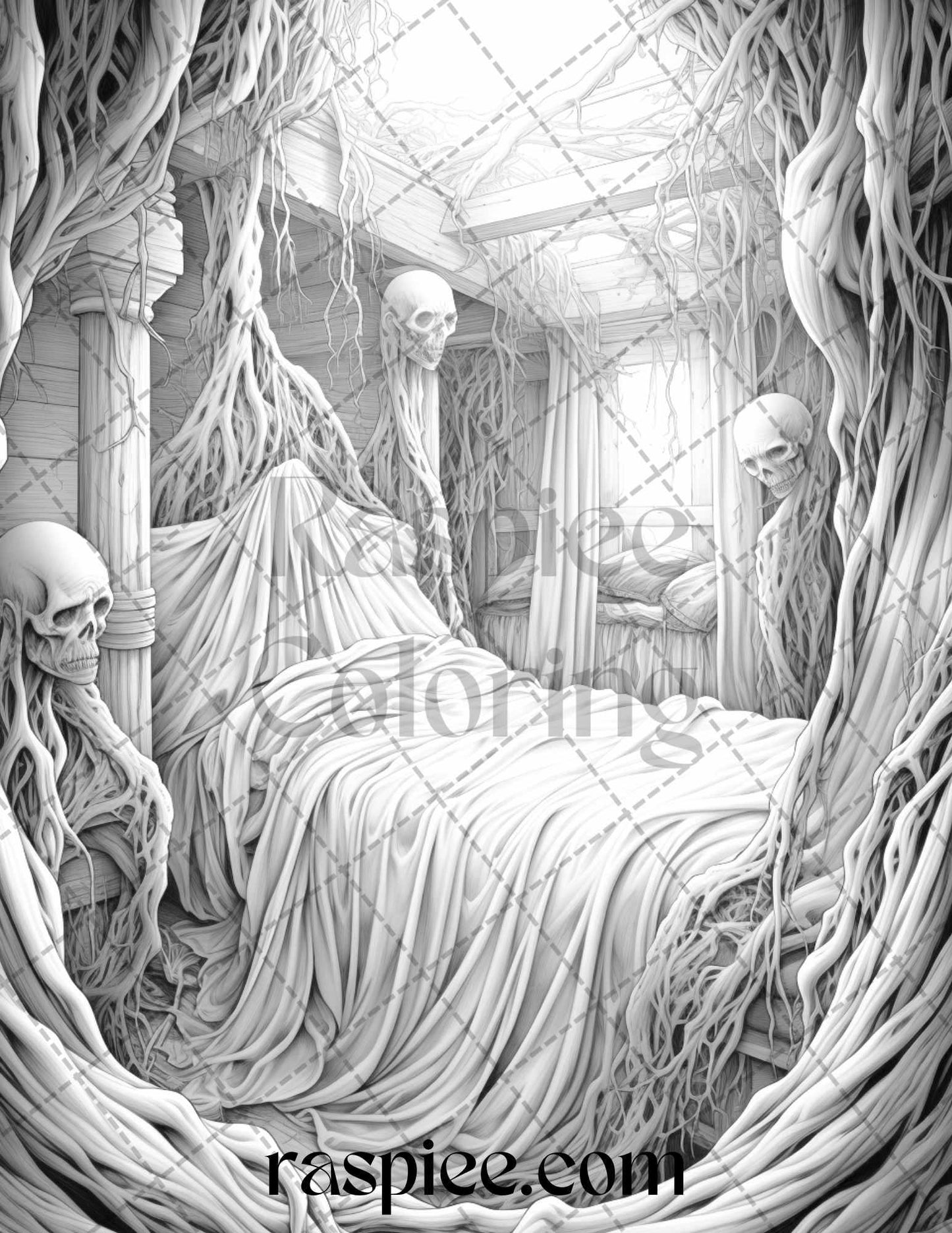 60 Halloween Nightmare Grayscale Coloring Pages Printable for Adults, PDF File Instant Download