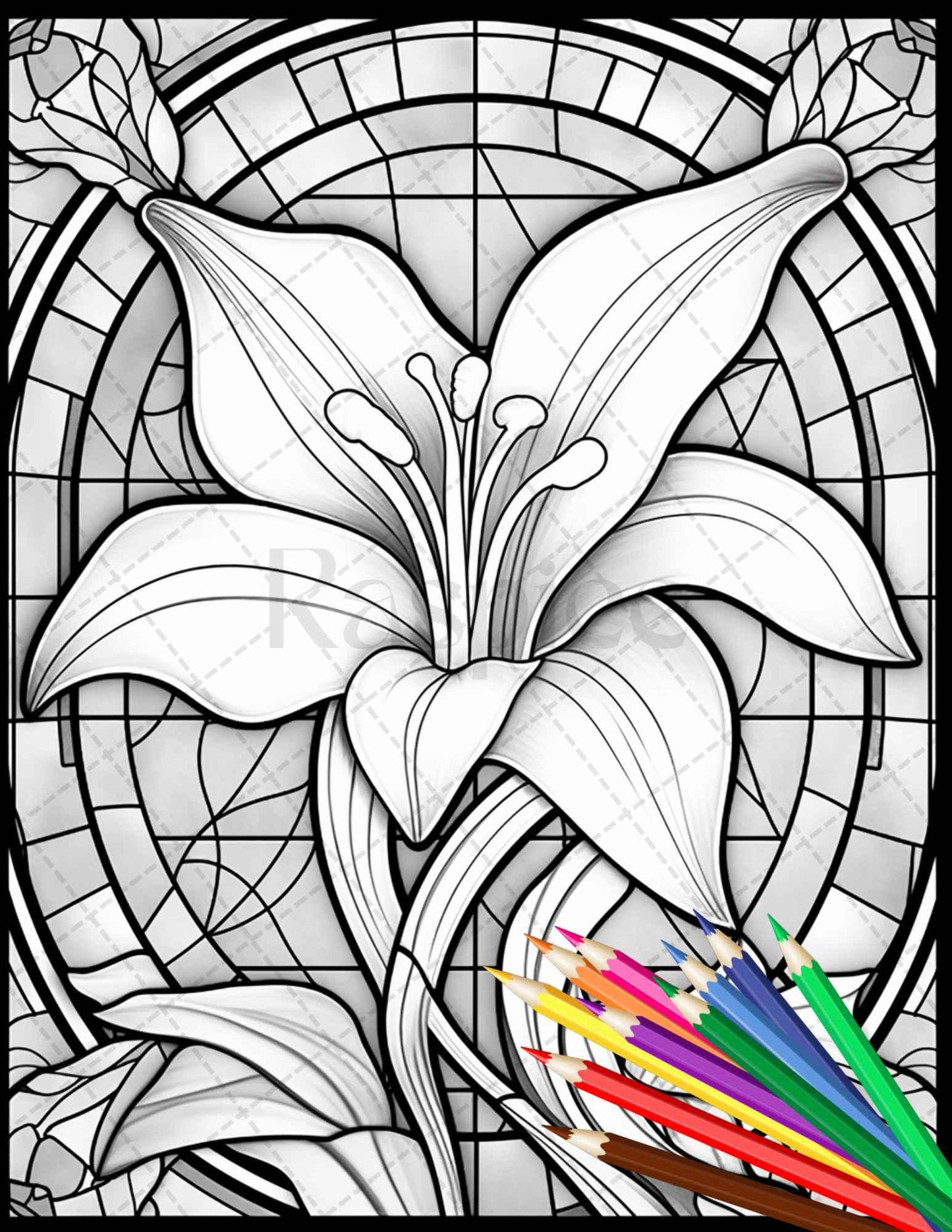 30 Stained Glass Flowers Grayscale Coloring Pages Printable for Adults, PDF File Instant Download
