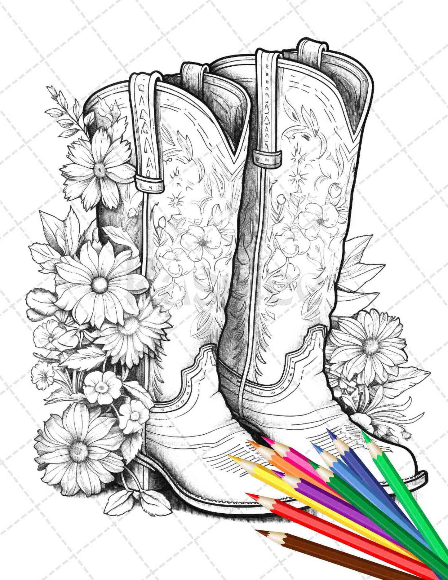 32 Flower Boots Coloring Pages Printable for Adults, Floral Grayscale Coloring Page, PDF File Instant Download