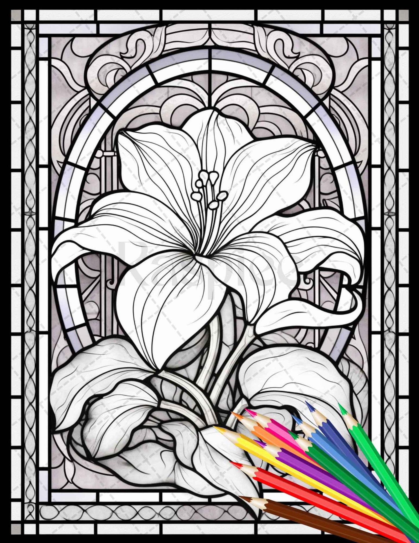 30 Stained Glass Flowers Grayscale Coloring Pages Printable for Adults, PDF File Instant Download