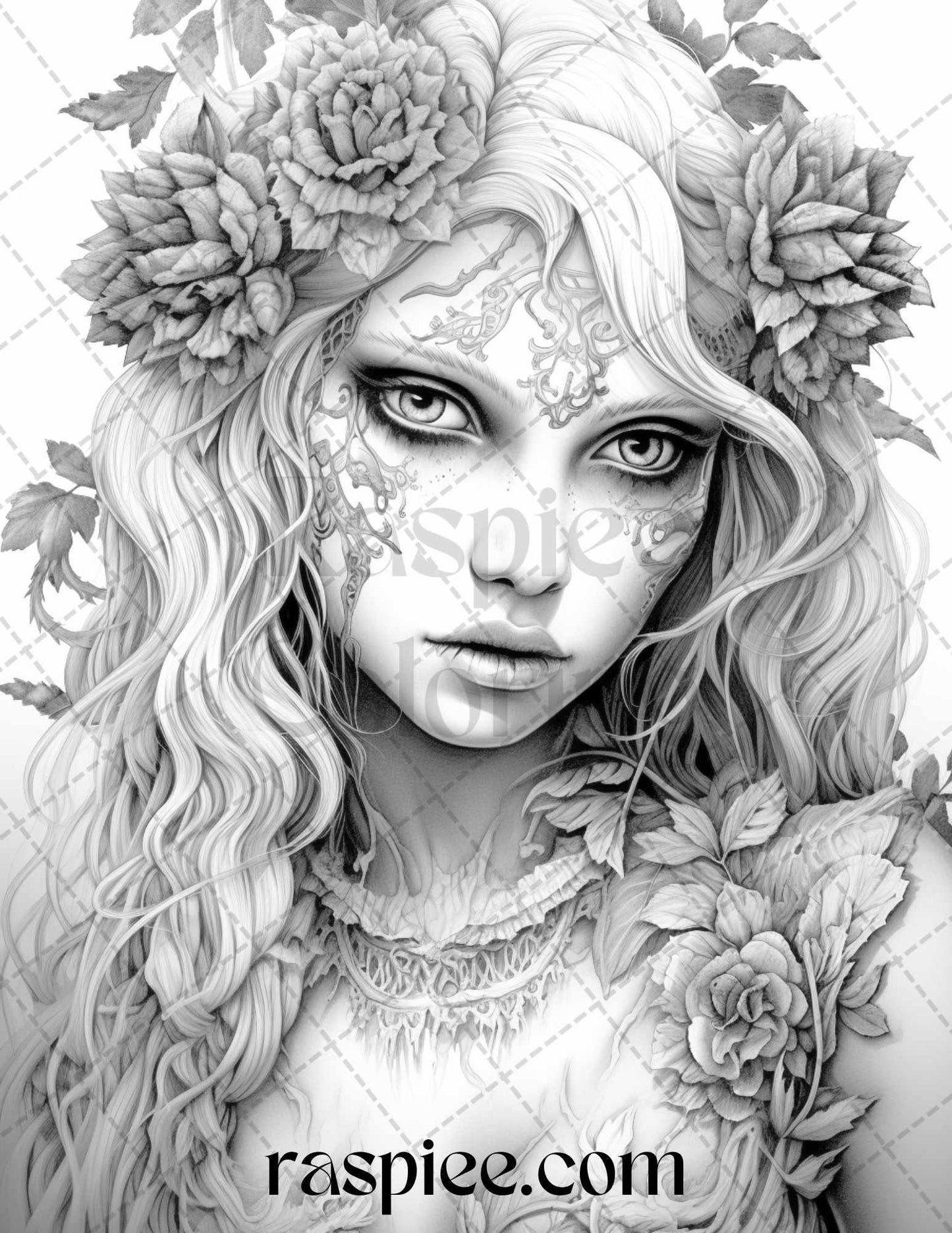 60 Halloween Zombie Fairy Grayscale Coloring Pages Printable for Adults, PDF File Instant Download