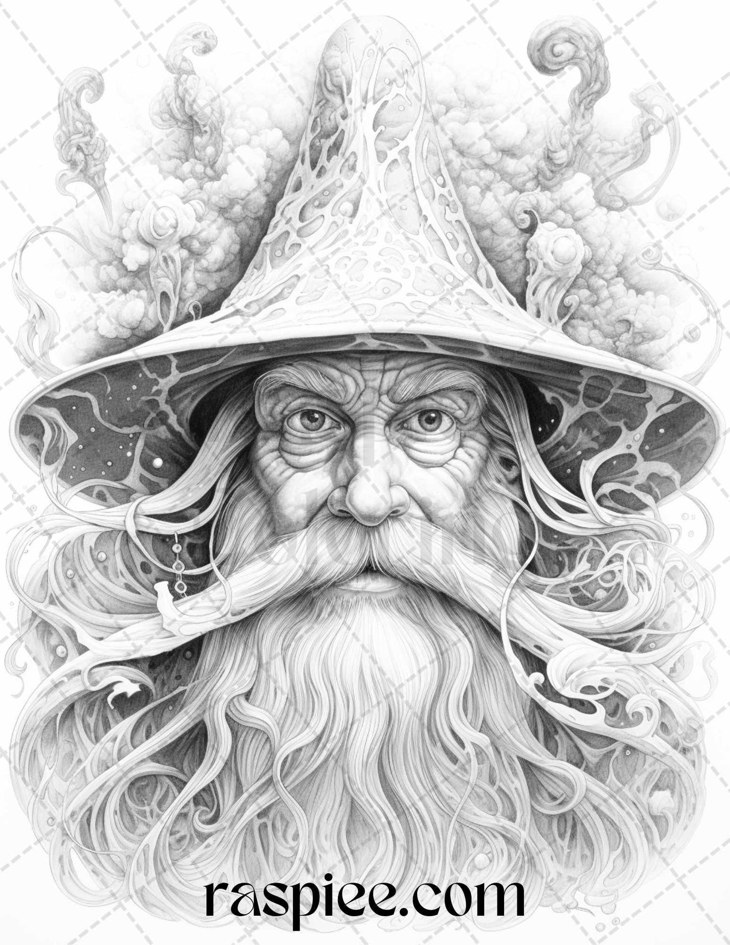 50 Magical Wizard Grayscale Coloring Pages for Adults, Printable PDF File Instant Download