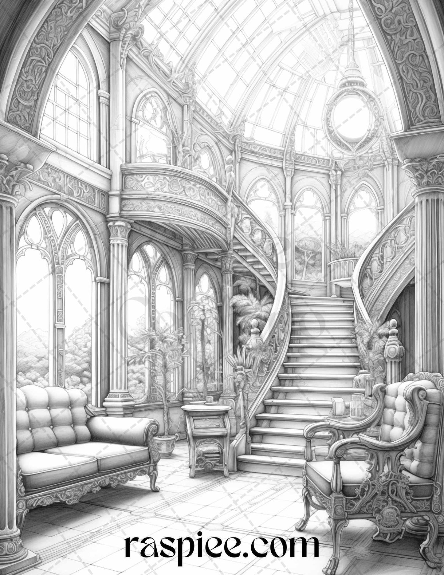 Fantasy Interior Grayscale Coloring Pages for Adults, Printable PDF File Instant Download
