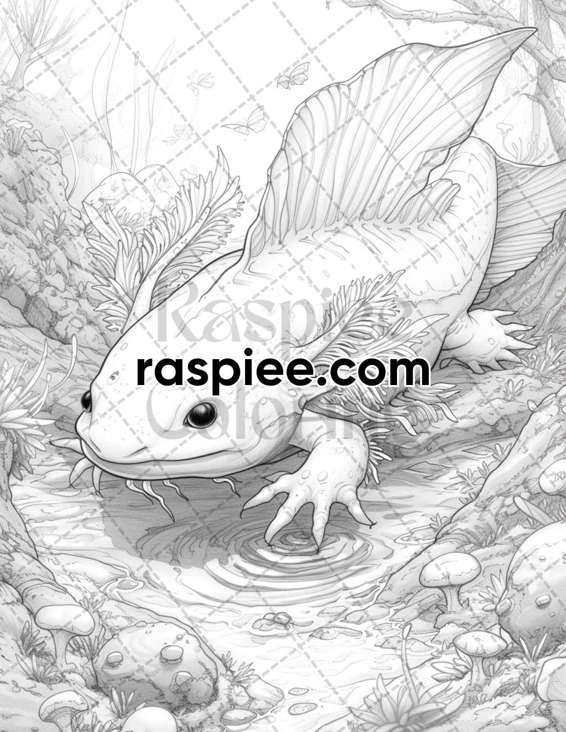 55 Fantasy Alien Axolotl Grayscale Adult Coloring Pages, Printable PDF Instant Download