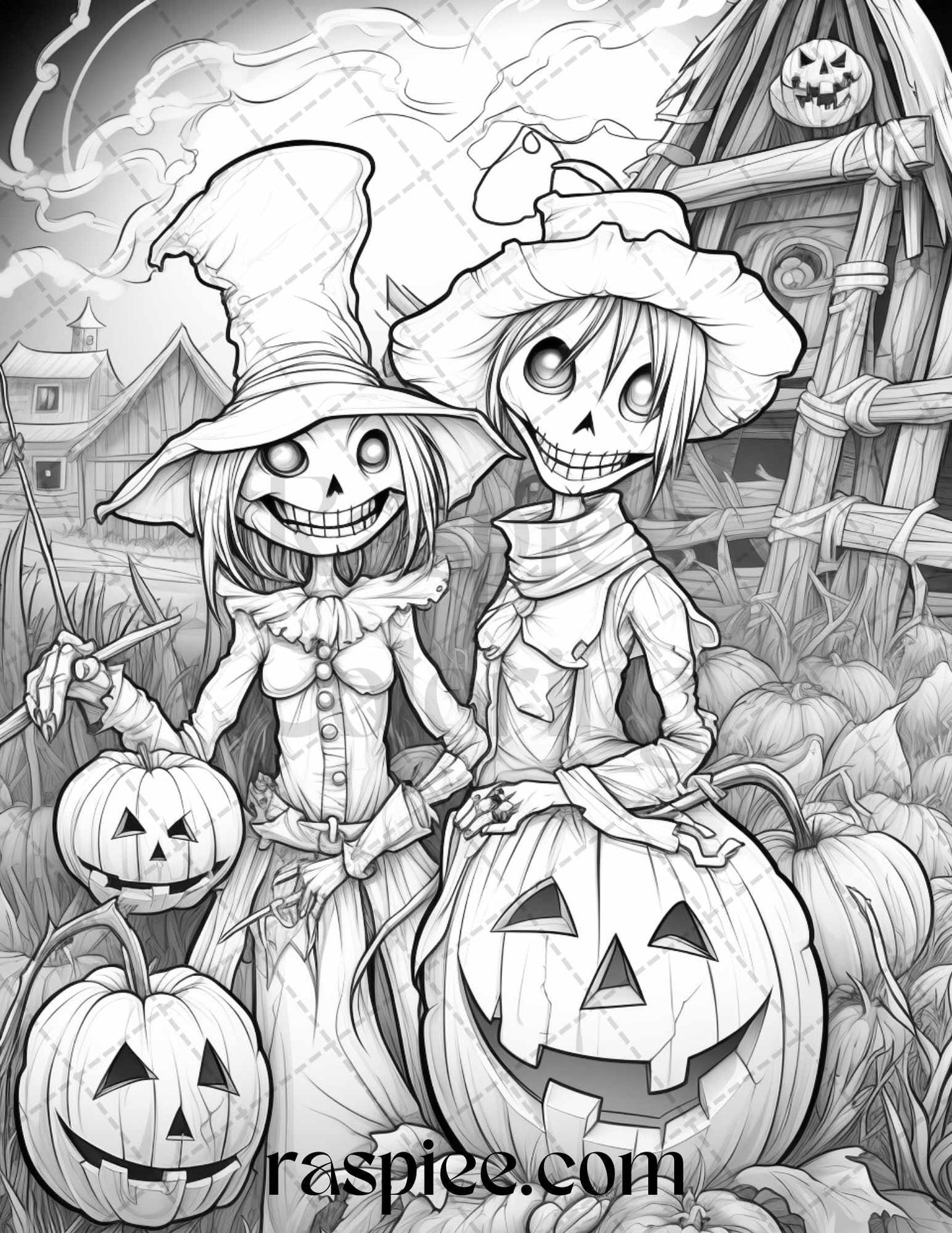 50 Halloween Scarecrows Grayscale Coloring Pages Printable for Adults, PDF File Instant Download