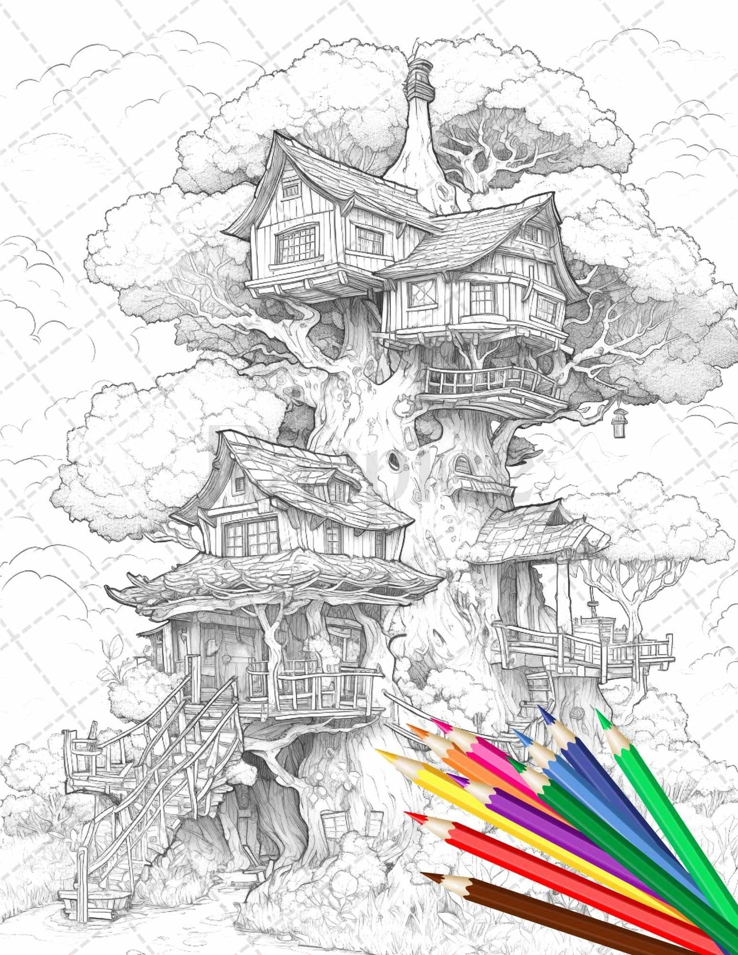 110 Enchanted Treehouse Coloring Book Printable for Adults, Grayscale Coloring Page, PDF File Instant Download