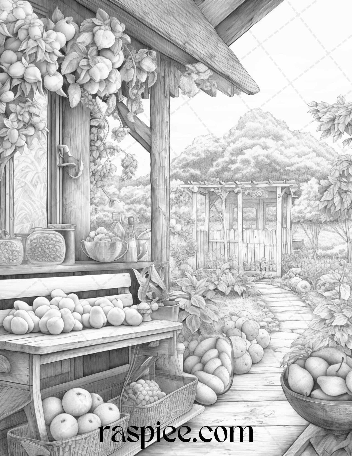 Relaxing Fruit Garden Grayscale Coloring Pages Printable for Adults, PDF File Instant Download