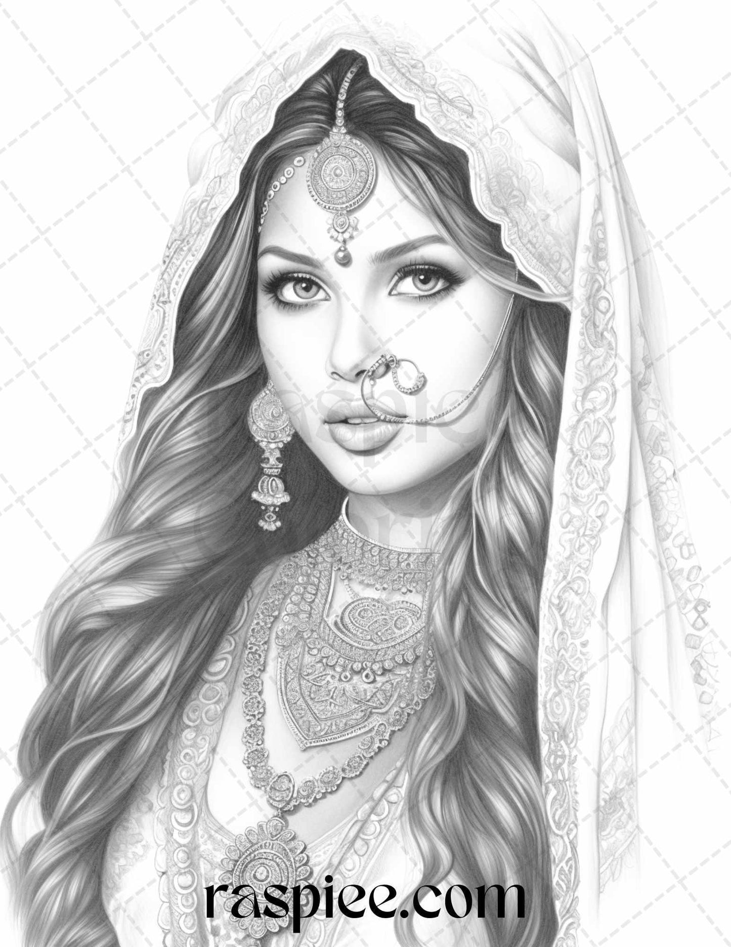 50 Beautiful Indian Women Grayscale Coloring Pages for Adults, Printable PDF File Instant Download