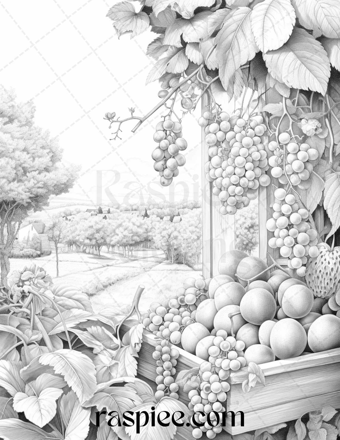Relaxing Fruit Garden Grayscale Coloring Pages Printable for Adults, PDF File Instant Download
