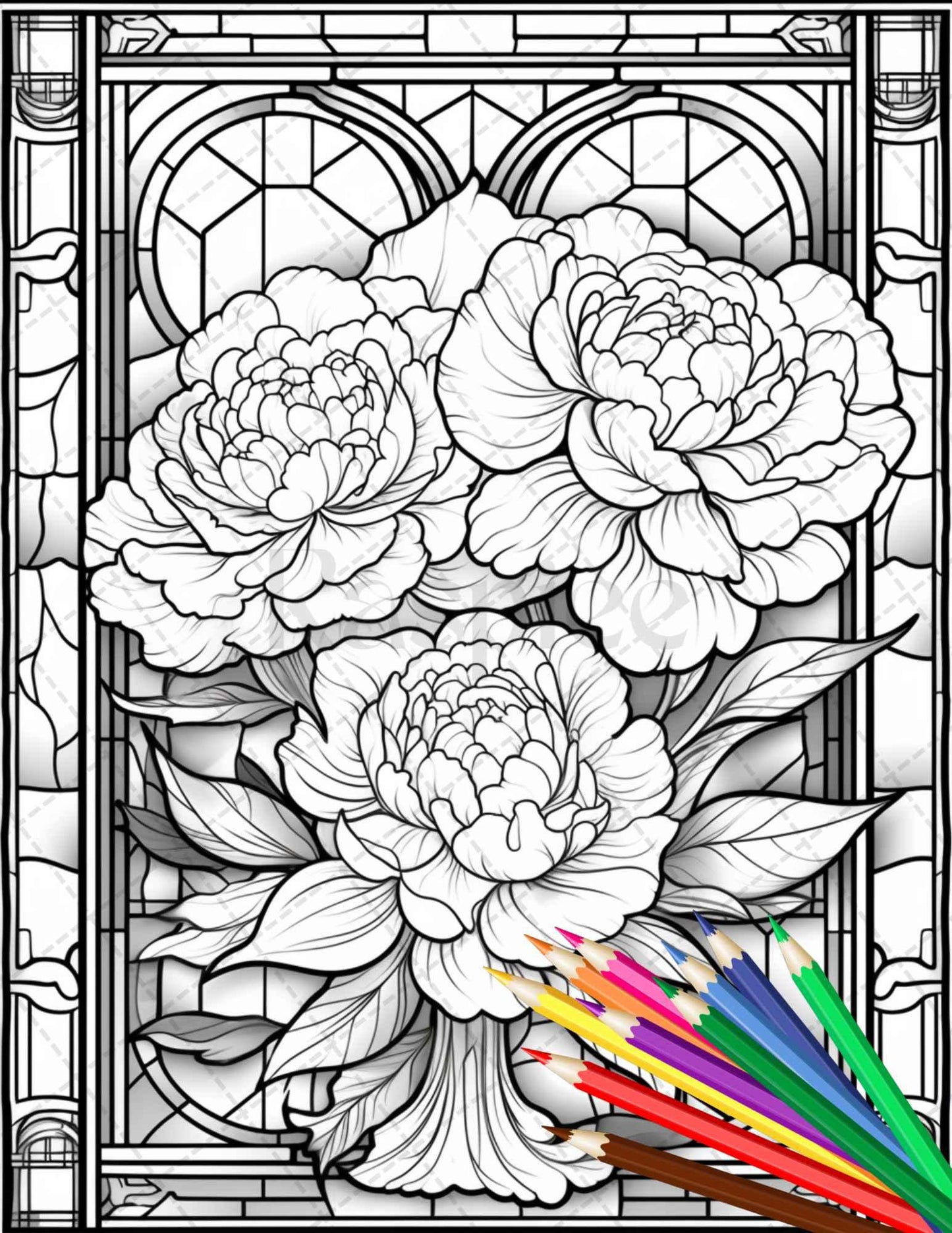 30 Stained Glass Flowers Grayscale Coloring Pages Printable for Adults, PDF File Instant Download