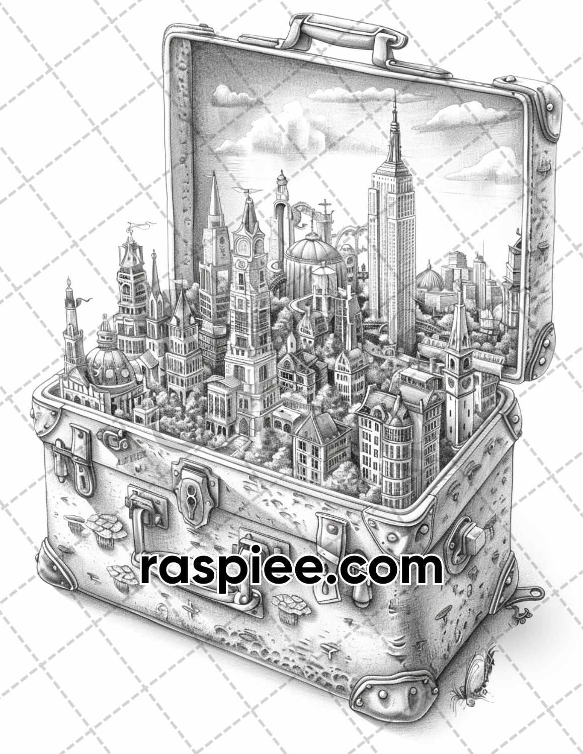 67 Worlds in a Suitcase Grayscale Adult Coloring Pages, Printable PDF Instant Download