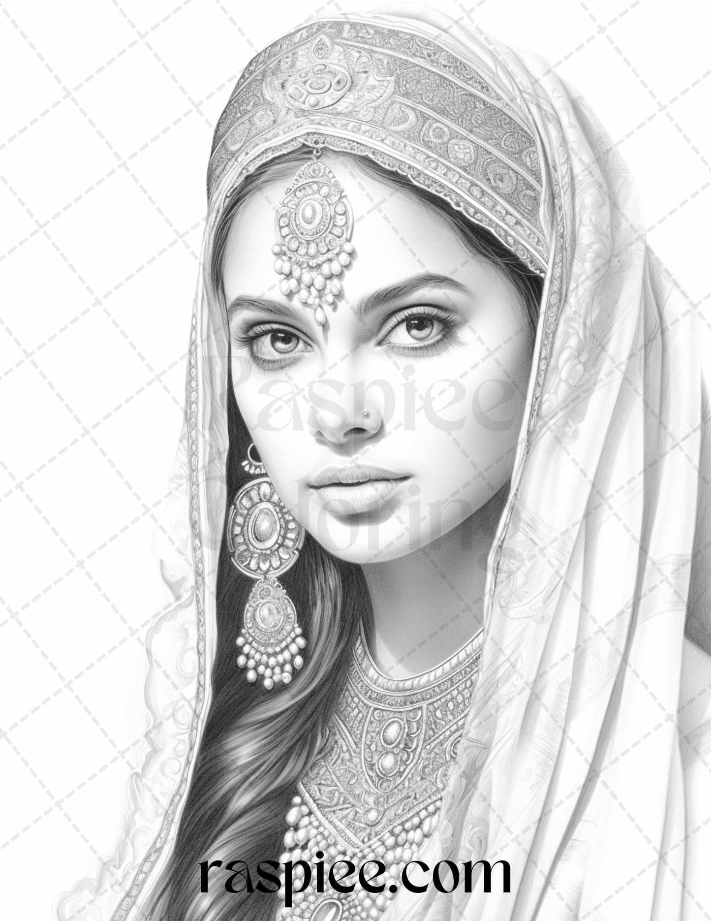 50 Beautiful Indian Women Grayscale Coloring Pages for Adults, Printable PDF File Instant Download