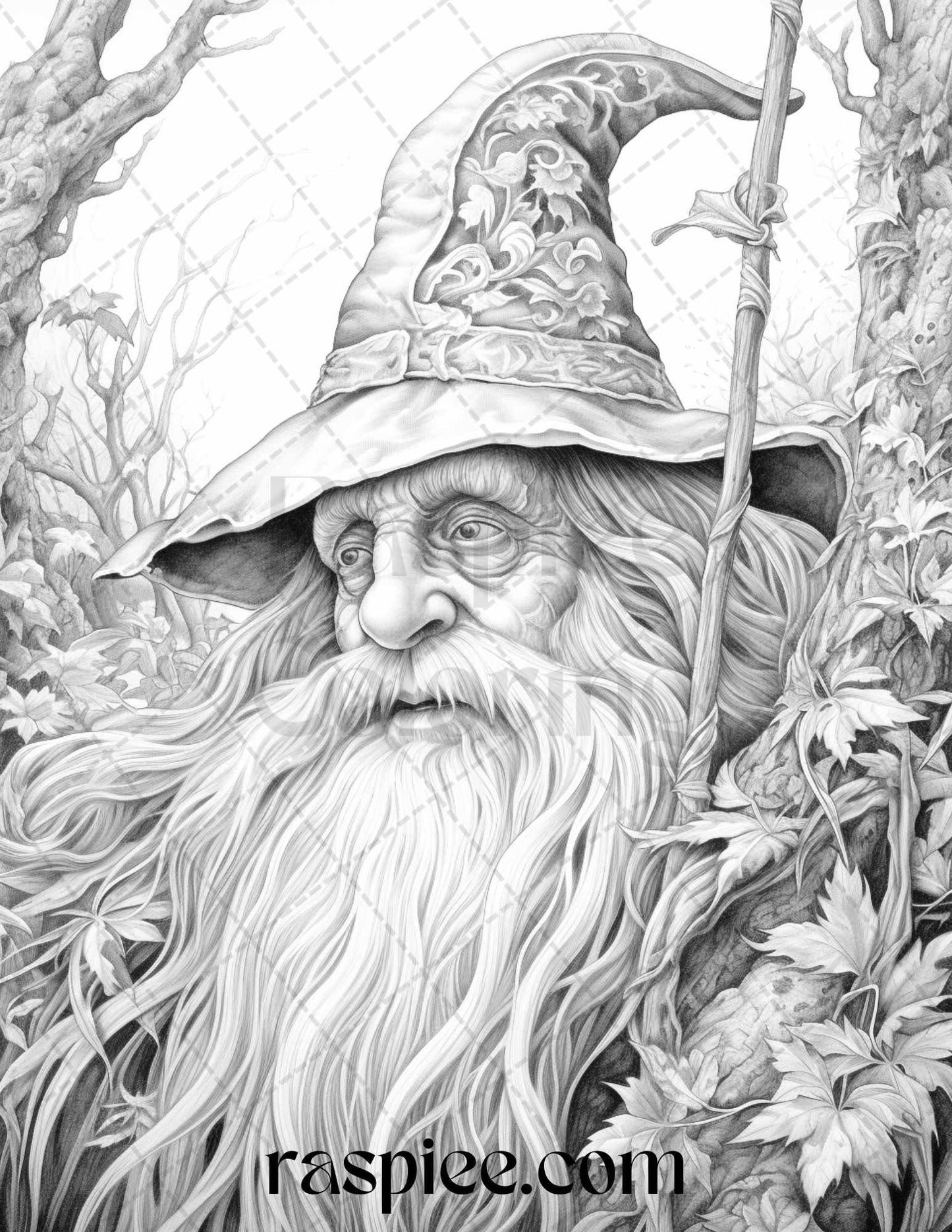 50 Magical Wizard Grayscale Coloring Pages for Adults, Printable PDF File Instant Download