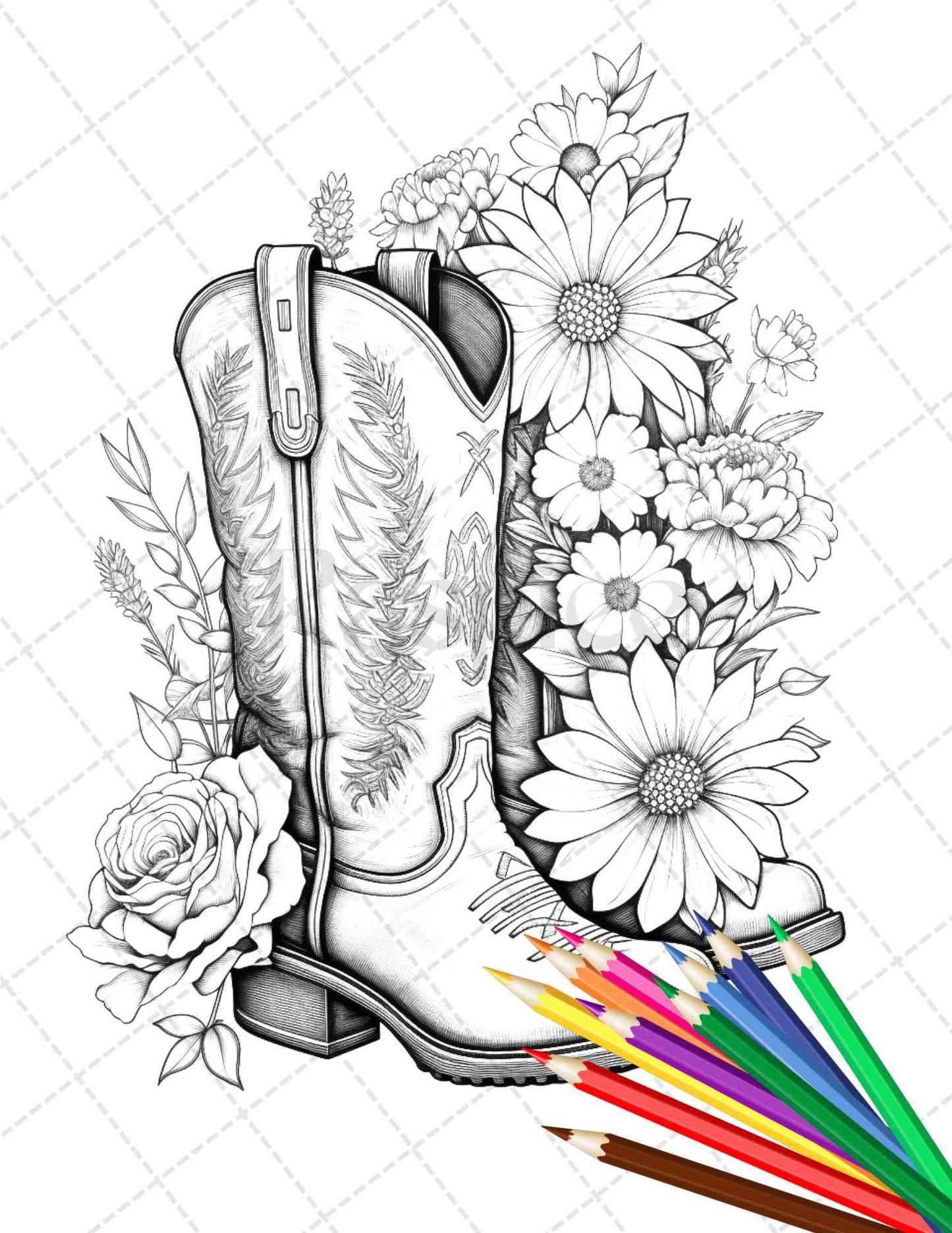 32 Flower Boots Coloring Pages Printable for Adults, Floral Grayscale Coloring Page, PDF File Instant Download
