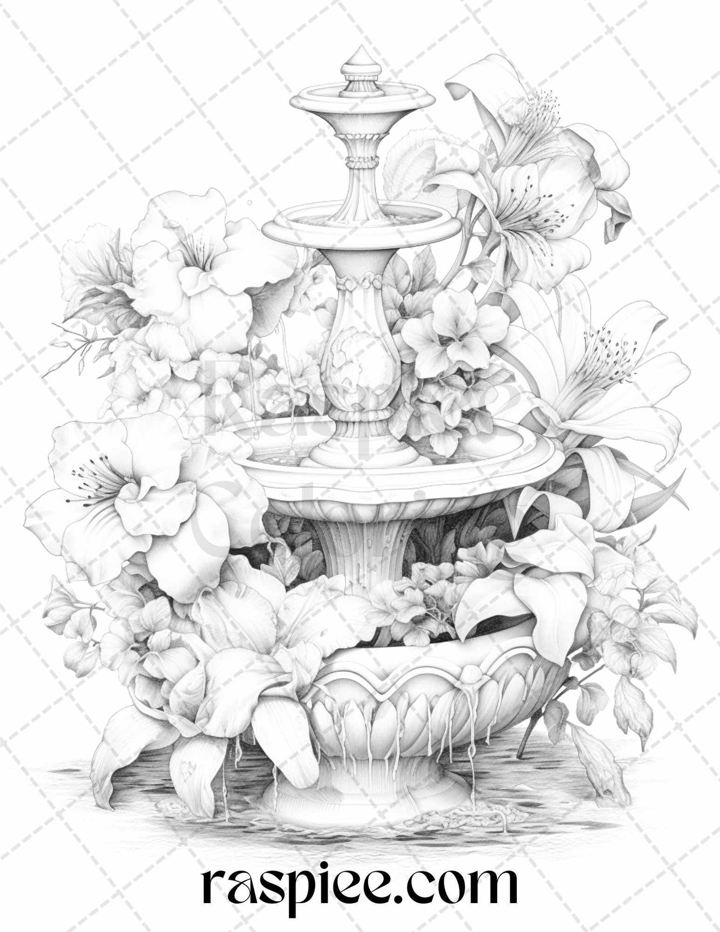 32 Blooming Fountains Grayscale Coloring Pages Printable for Adults, PDF File Instant Download