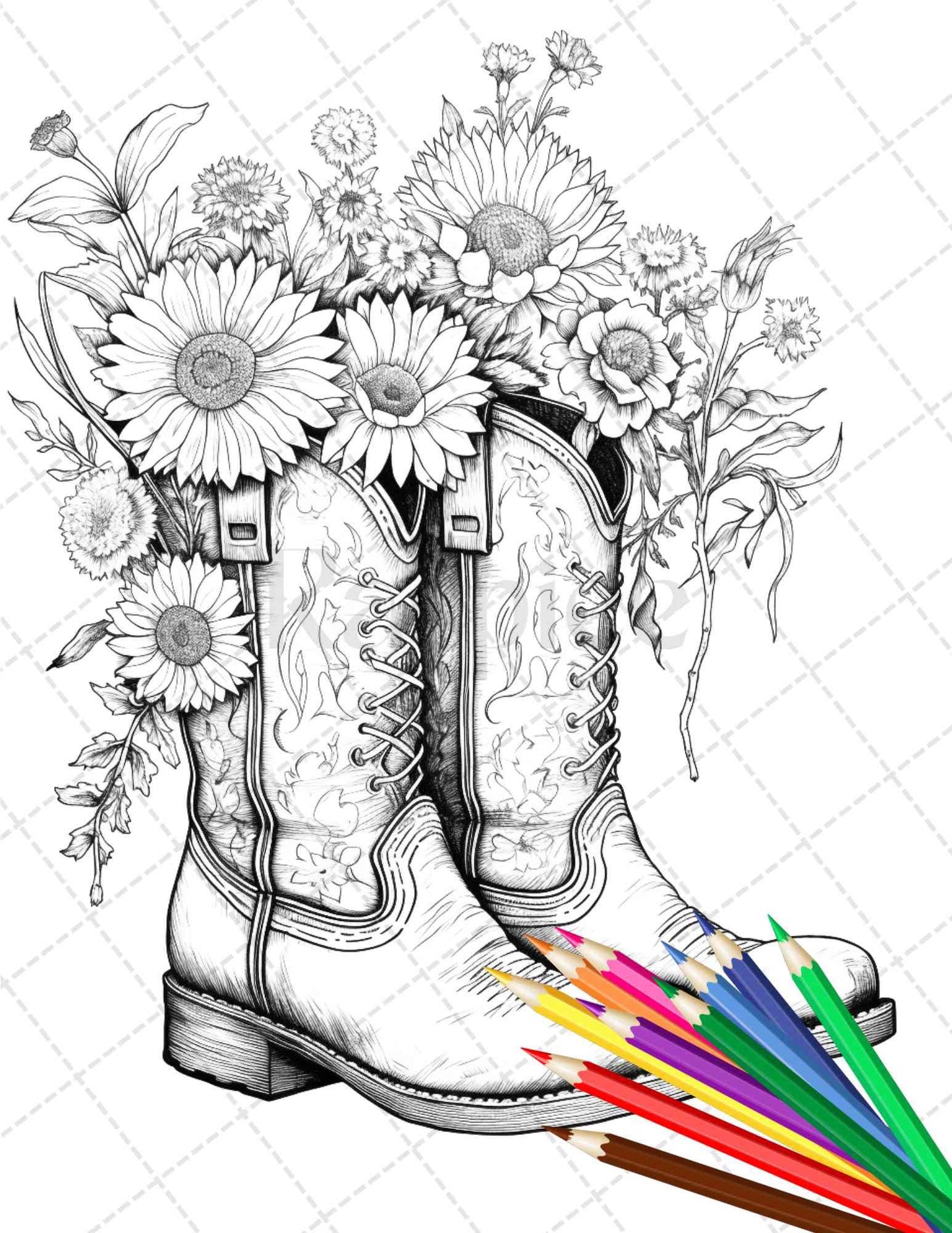 32 Flower Boots Coloring Pages Printable for Adults, Floral Grayscale Coloring Page, PDF File Instant Download