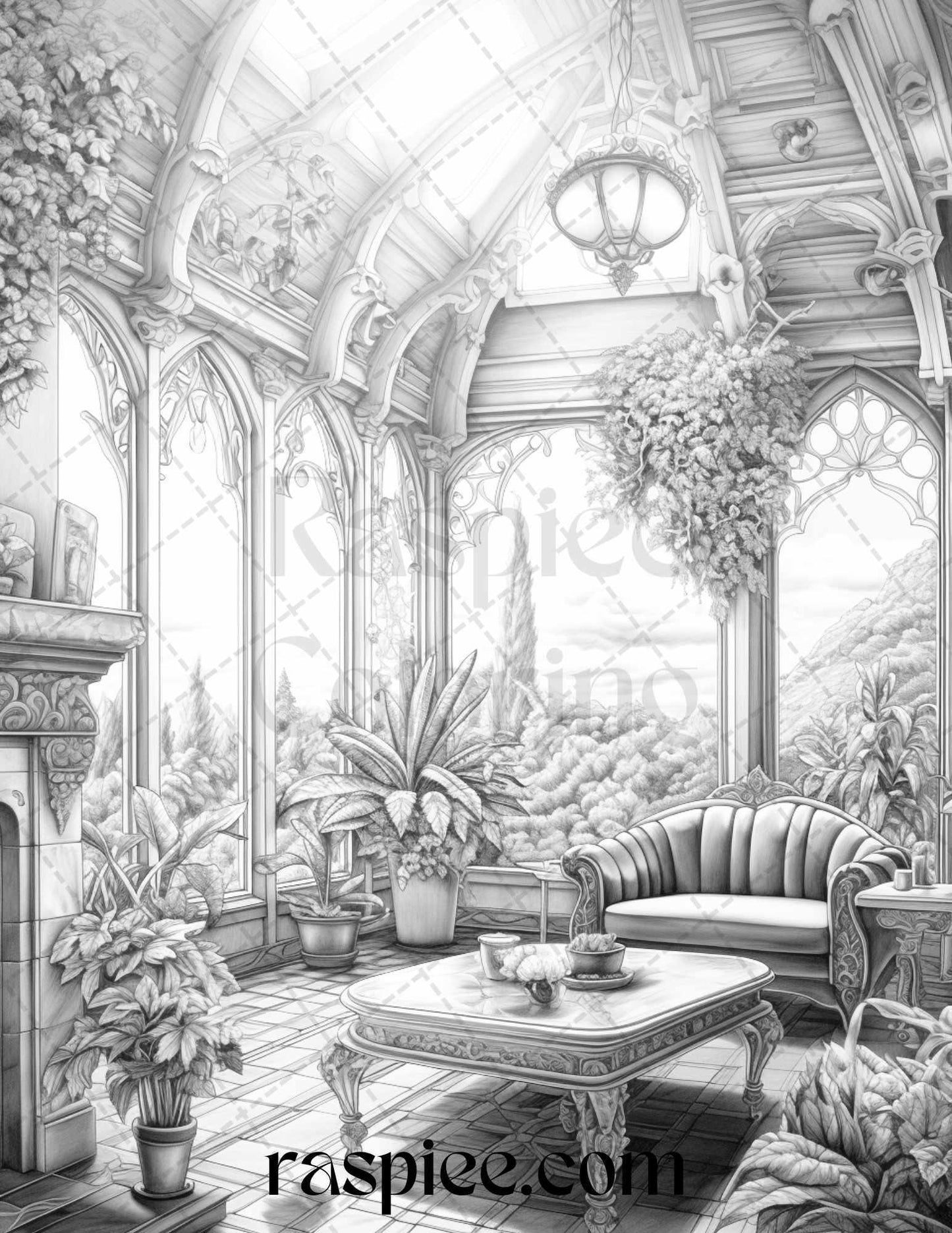 Fantasy Interior Grayscale Coloring Pages for Adults, Printable PDF File Instant Download