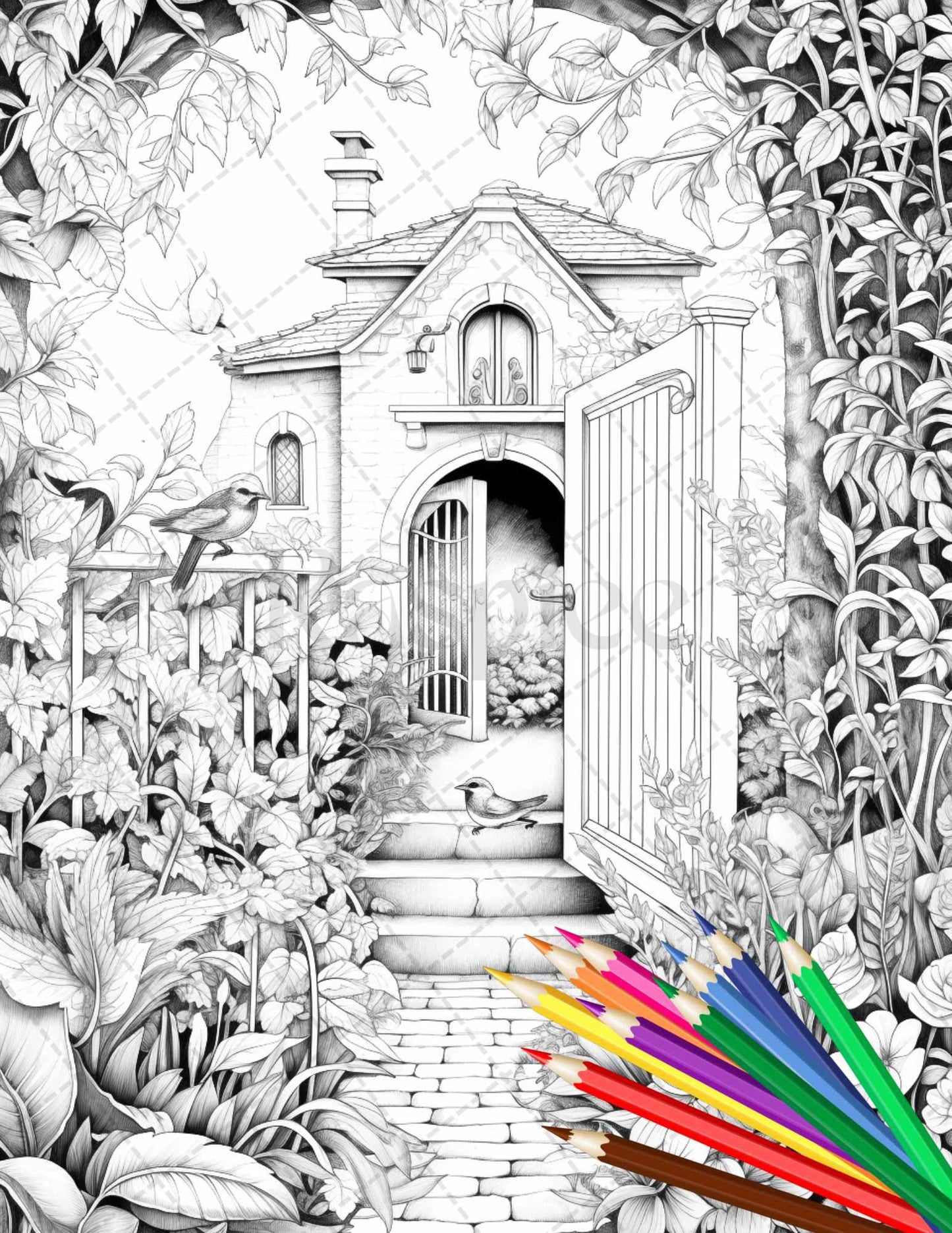 Secret Garden Coloring Pages Printable for Adults, Grayscale Coloring Page, PDF File Instant Download