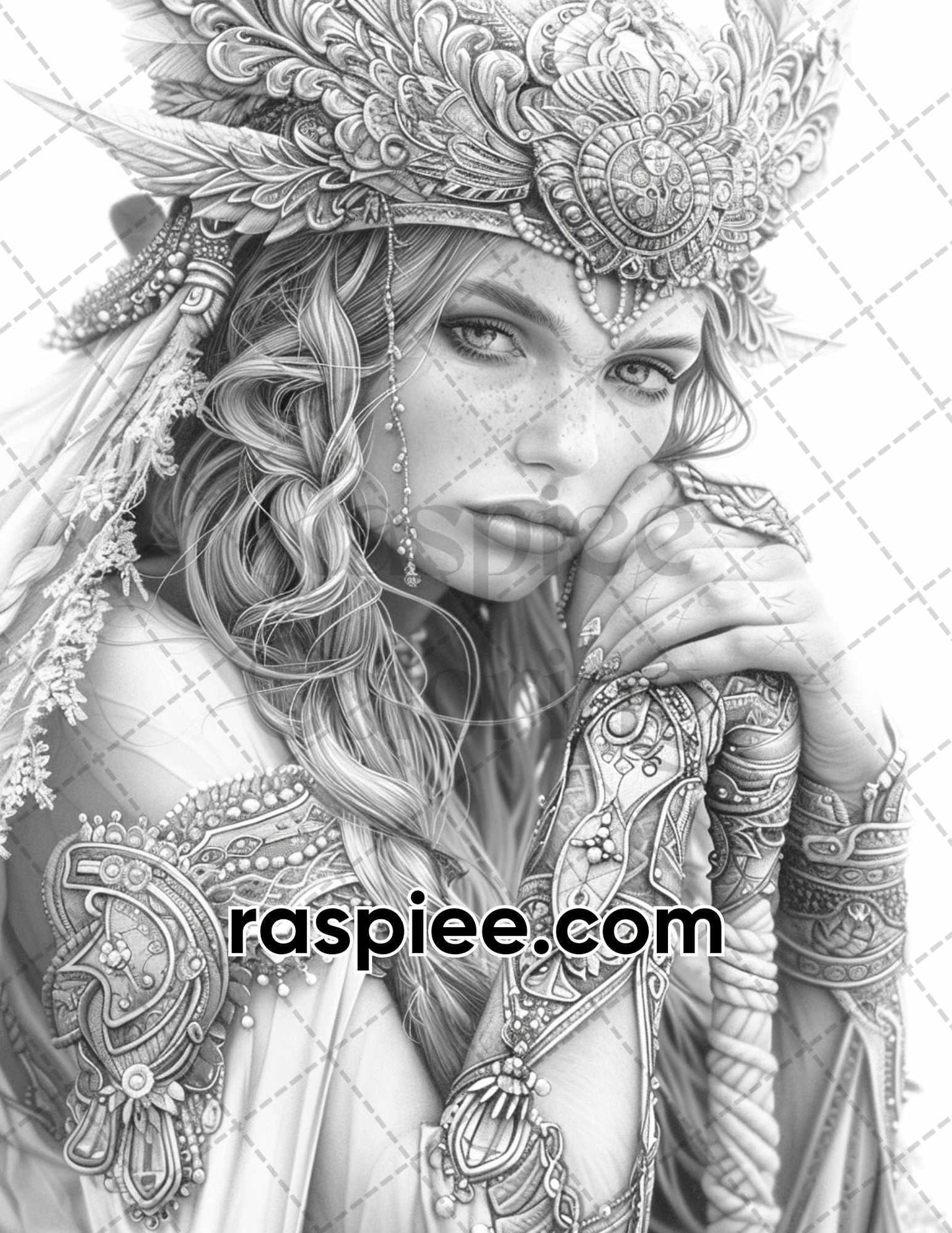 60 Beautiful Warriors Grayscale Adult Coloring Pages, Printable PDF Instant Download