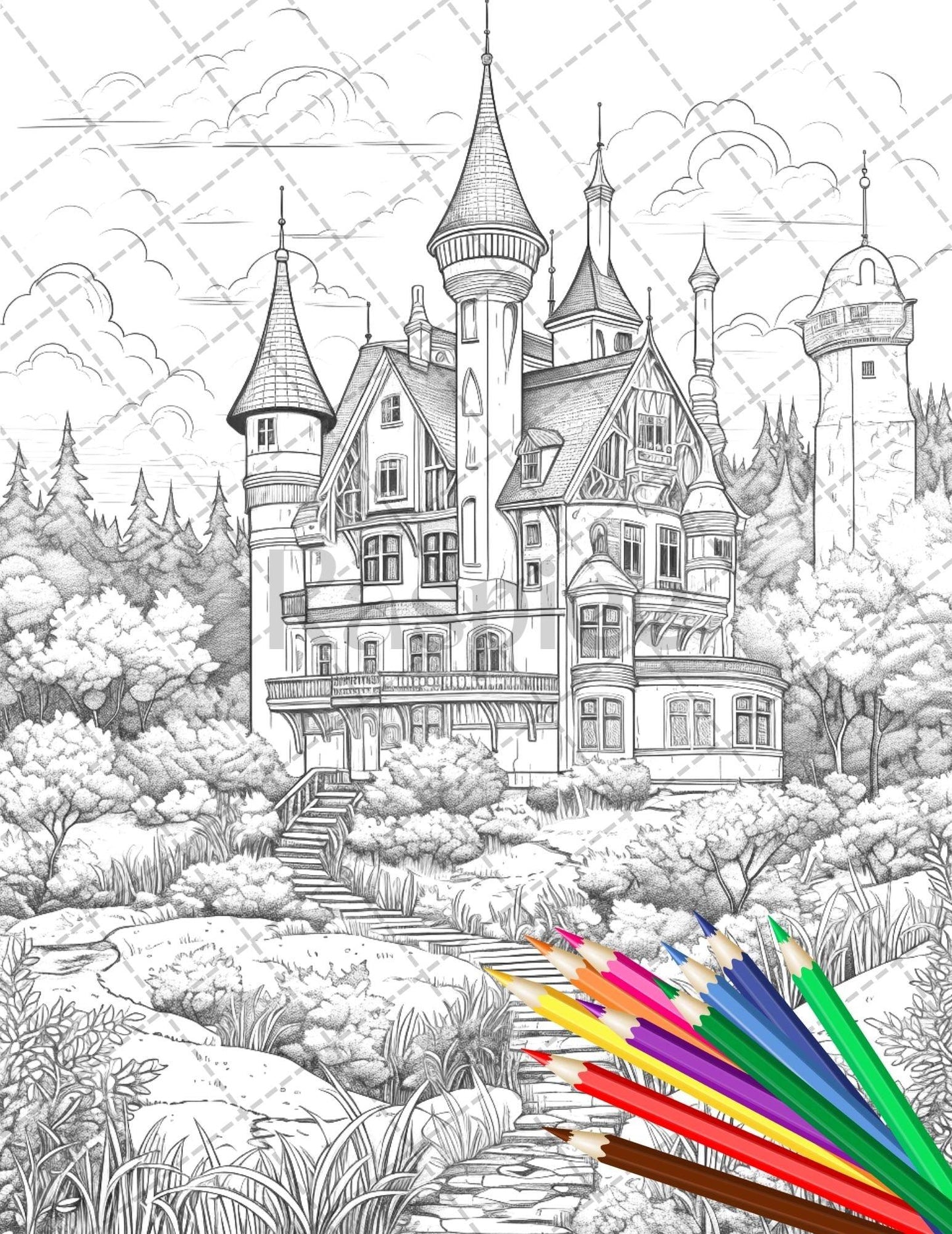 122 Fantasy Castles Coloring Book for Adults, Grayscale Coloring Page, Printable PDF Instant Download