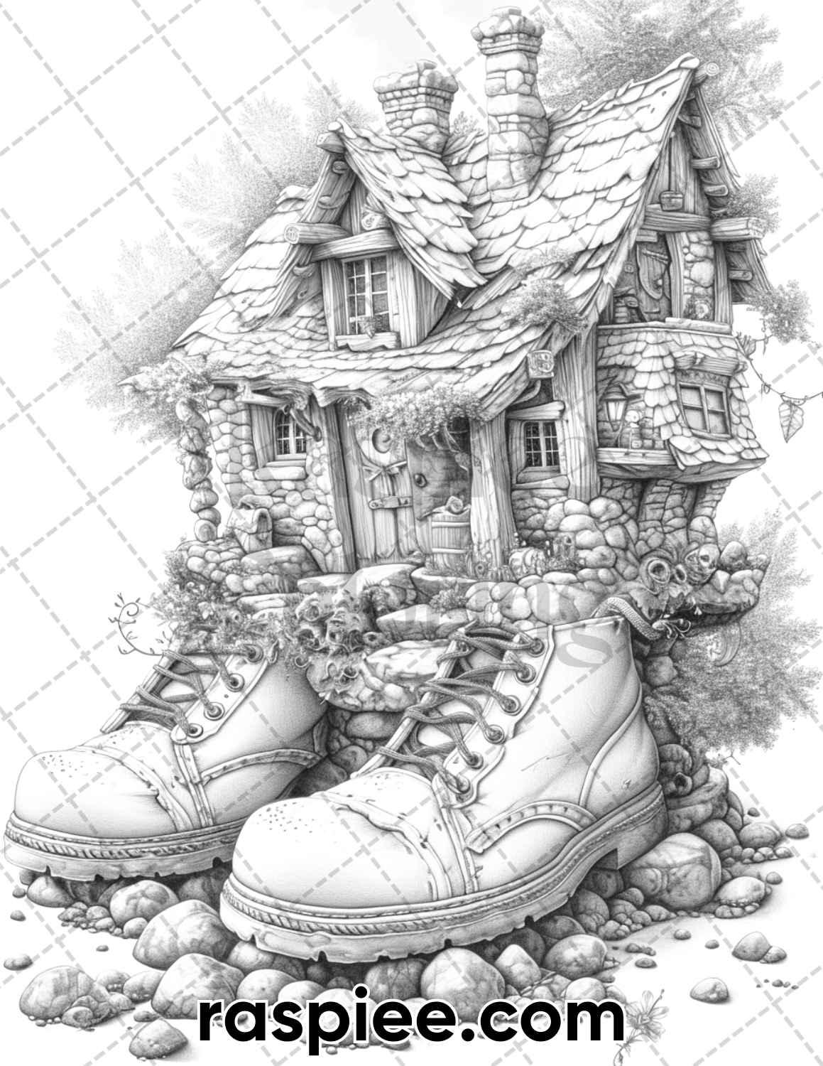 80 Fantasy Shoe House Grayscale Adult Coloring Pages, Printable PDF Instant Download