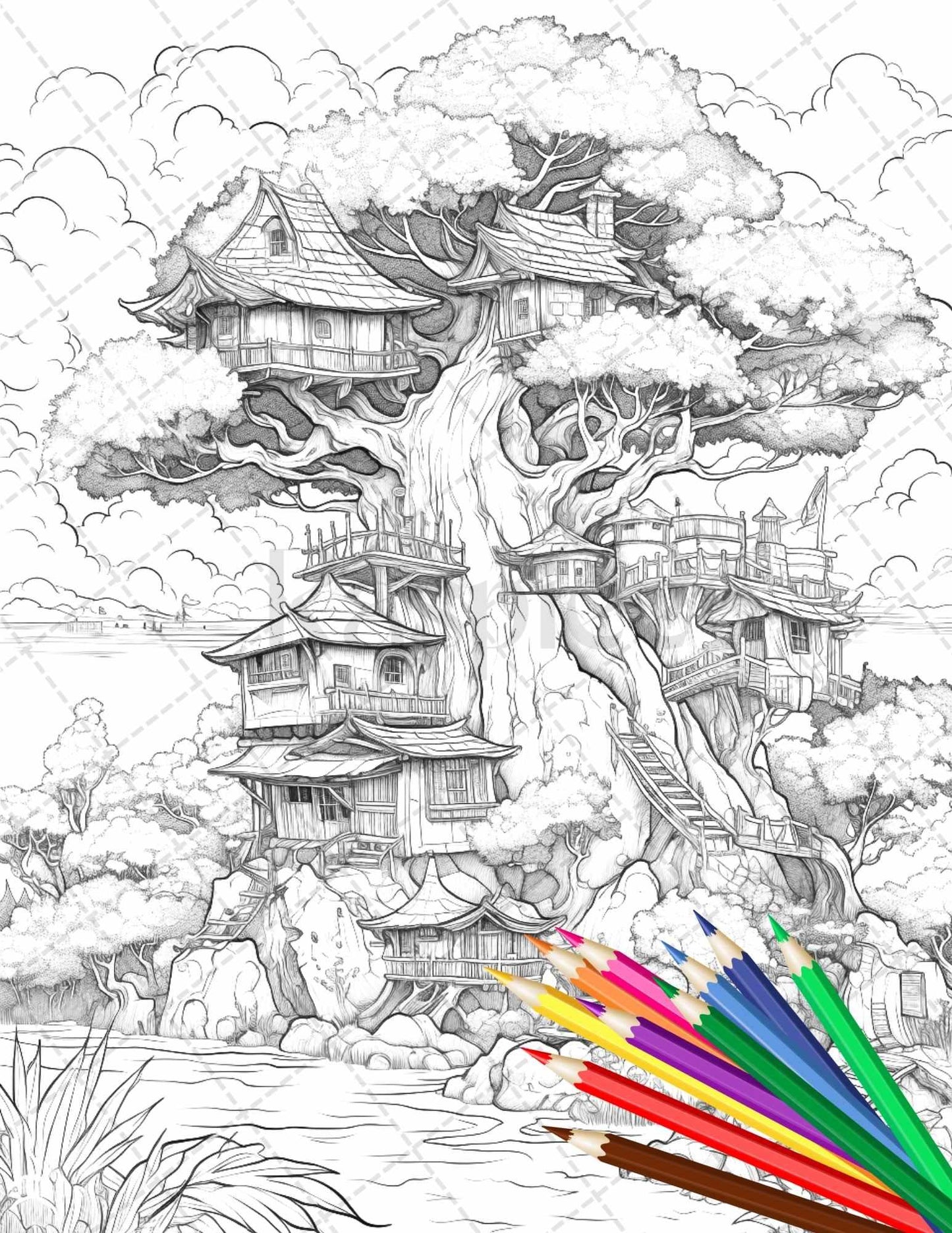 110 Enchanted Treehouse Coloring Book Printable for Adults, Grayscale Coloring Page, PDF File Instant Download